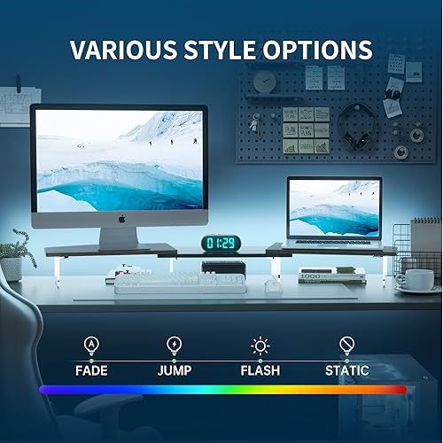 Miniatura 3 de Soporte elevador LED de doble monitor para 2 monitores, soporte de madera de escritorio de oficina, longitud y ángulo ajustables, 3 estantes,