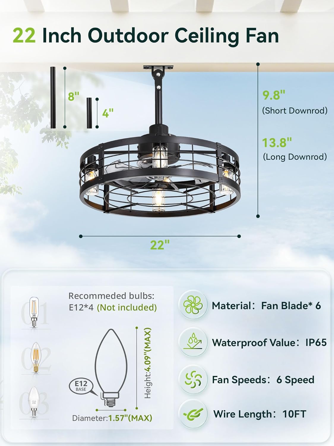 LEDIARY 22" Outdoor Ceiling Fans with Light, Waterproof Gazebo Fan with Hanging Hook, Plug in Ceiling Fan with Remote,Caged Ceiling Fan with 6 Speed Timer for Patio, Porch, Pergola, Black