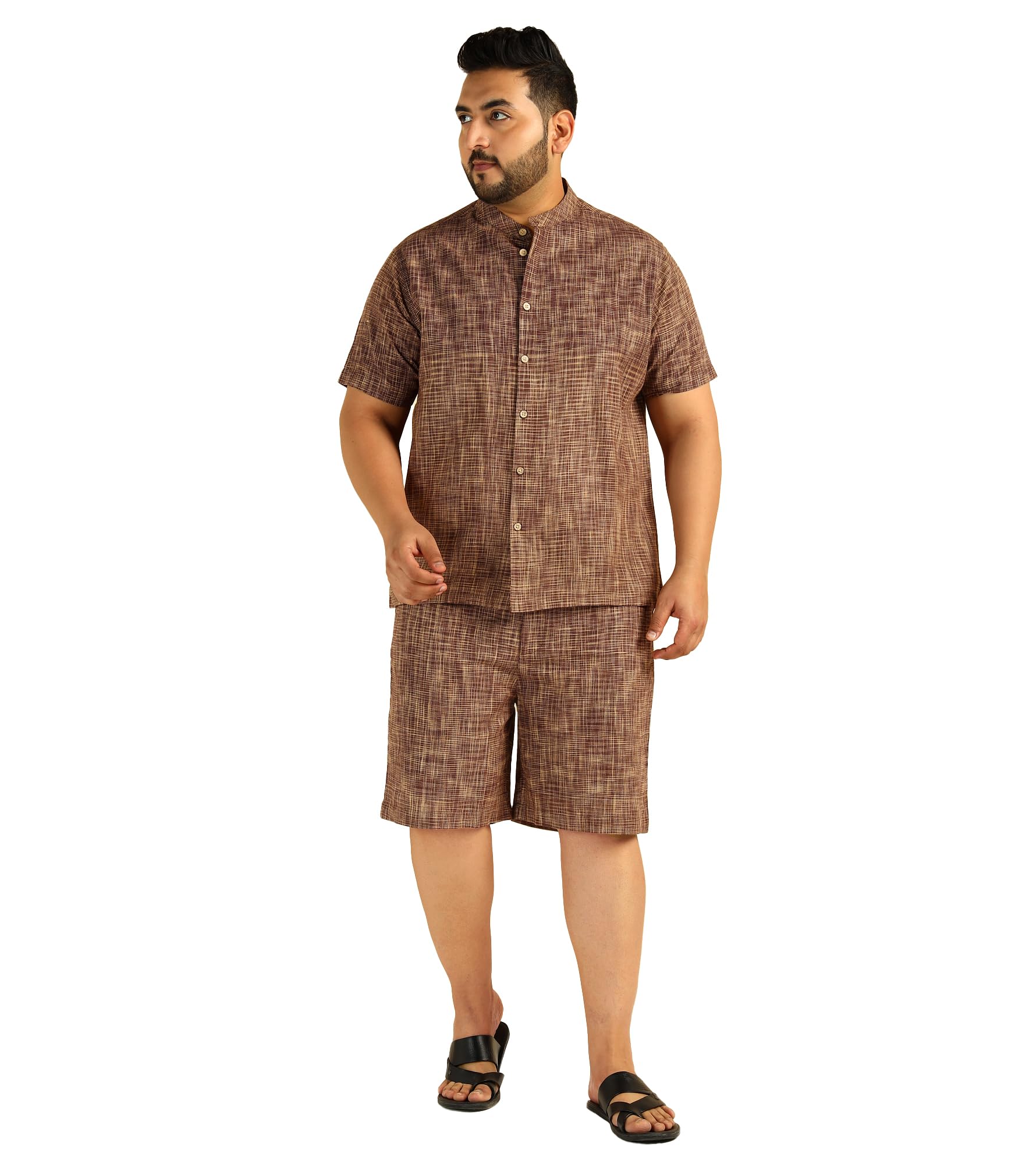 amanush Men's Solid Khadi Cotton Shirt with Shorts Combo Cord Set|Half Pant|Shirt Dress|Plus Size Co ords for Men Fashion|Beach Outfits|Casual Wear|Two Piece|Mandarin Collar|Half Sleeve(Brown)-picture-45