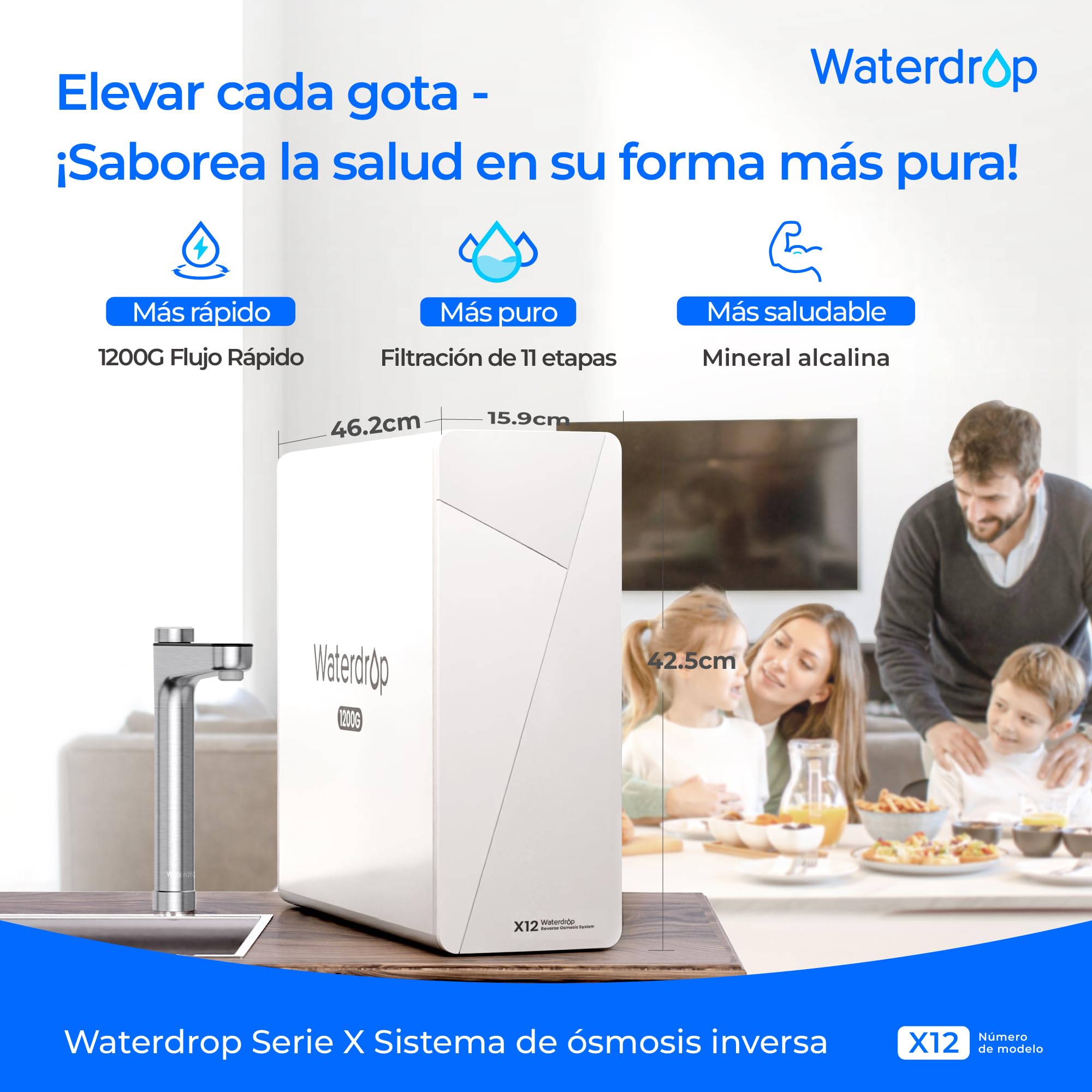 Waterdrop X12 Mineral Alcalino pH+ Ósmosis Inversa Sistema, NSF/ANSI 58&372 Certificado, 1200 GPD de Flujo Rápido, Filtración en 11 Etapas, 3:1 Pura a Drenaje, Libre de BPA