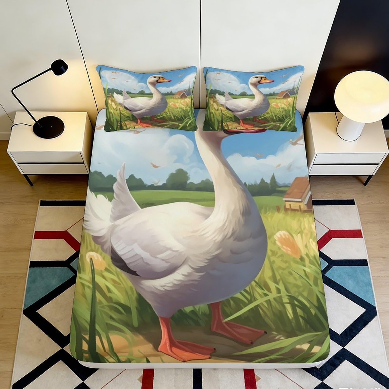 3D Printed Goose Fitted Sheet Microfiber soft touch for bedroom, guest room, easy care, wrinkle resistant, stylish bed cover, apartment bedding, durable, decorative 90x200x25cm