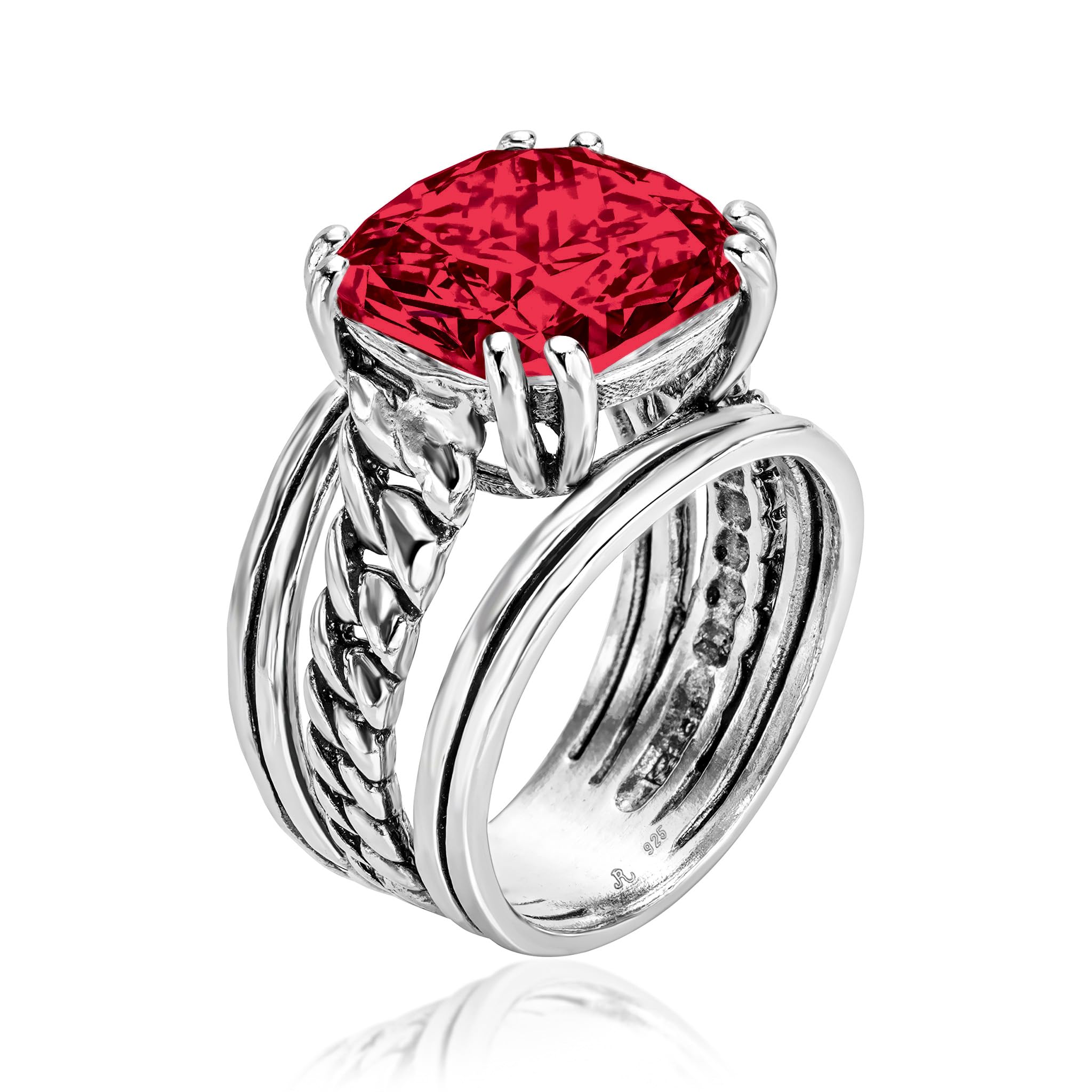 JEAN RACHEL JEWELRY 925 Sterling Silver Ring - Curb Chain Vintage Design with Cushion Shaped Cubic Zirconia - Hypoallergenic, Lead & Nickel Free -