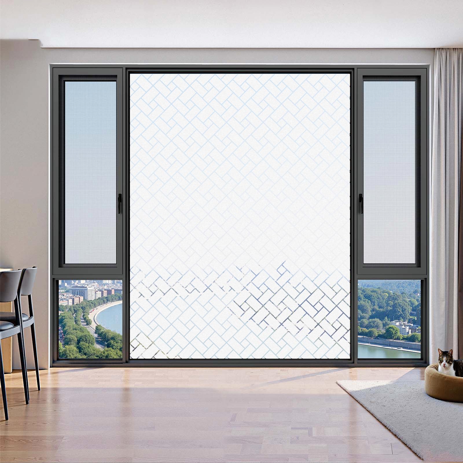 Blackout Window Film 65 x 740 cm Blocks UV Static Cling No Glue Removable Heat Cotrol, Privacy Protection, Static Cling Decorative Glass Film for Bathroom, Oblique Grid