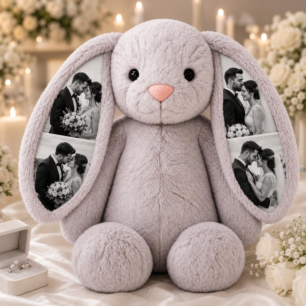 VEELU Personalised Photo Bunny Teddy Bear 26cm/40cm, Custom Keepsake Stuffed Bunny Plush with Hidden Ear Pictures, Personalised Wedding Anniversary Birthday Gifts for Women, Animal Girl, Couple — image 1