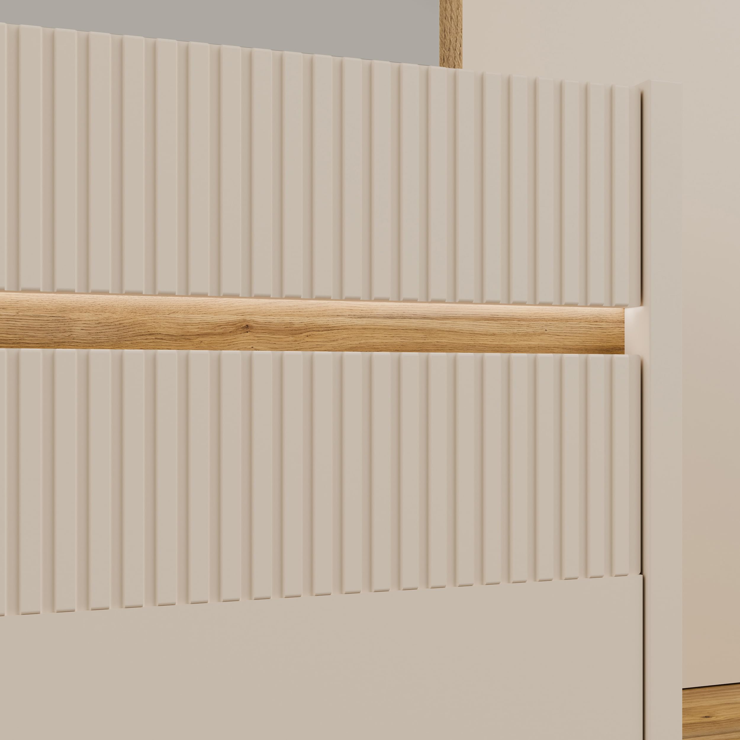 Forte Oak SQUERE Garderobe 100 110, Elegante Garderobe mit Spiegel, Kleiderstange und Aufbewahrung, Holzwerkstoff, Mauvella Eiche Holzdekor/Sand, 108,4 cm breit x 195,9 cm hoch x 41,7 cm tief