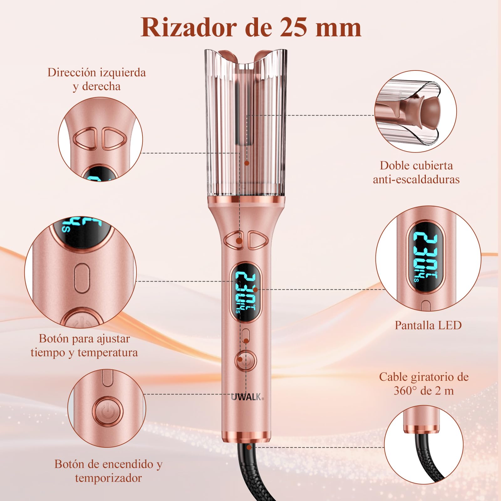 Rizador Automático Pelo 25 mm 14 Temperaturas 5 Temporizadores Pantalla LED Calentamiento Rápido