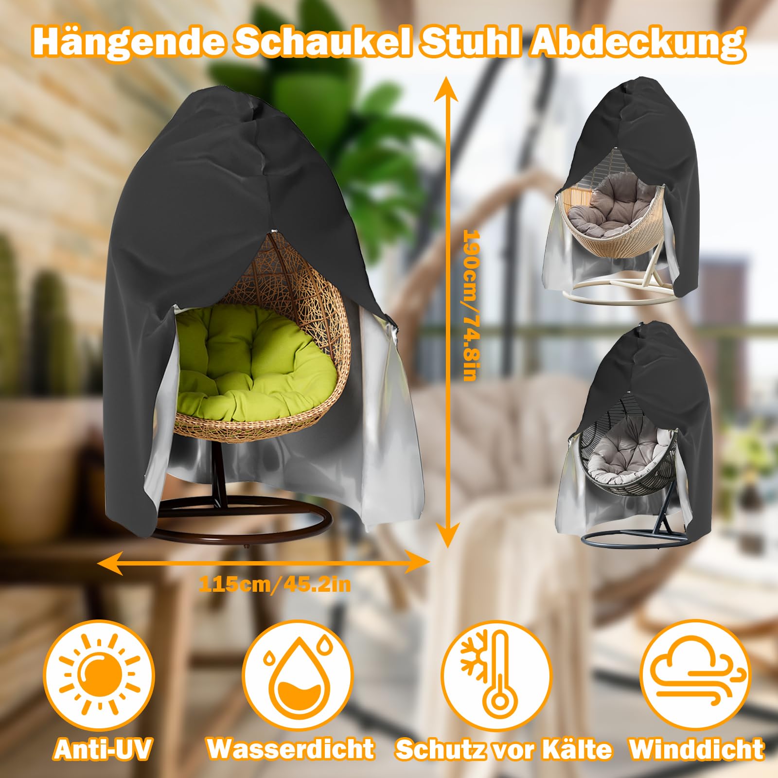 Pokrowiec ochronny na fotel wiszący, longziming duży pokrowiec na fotel wiszący 210D Oxford, wodoodporny, wiatroszczelny, odporny na promieniowanie UV, z powłoką PCW, sznurek ściągający
