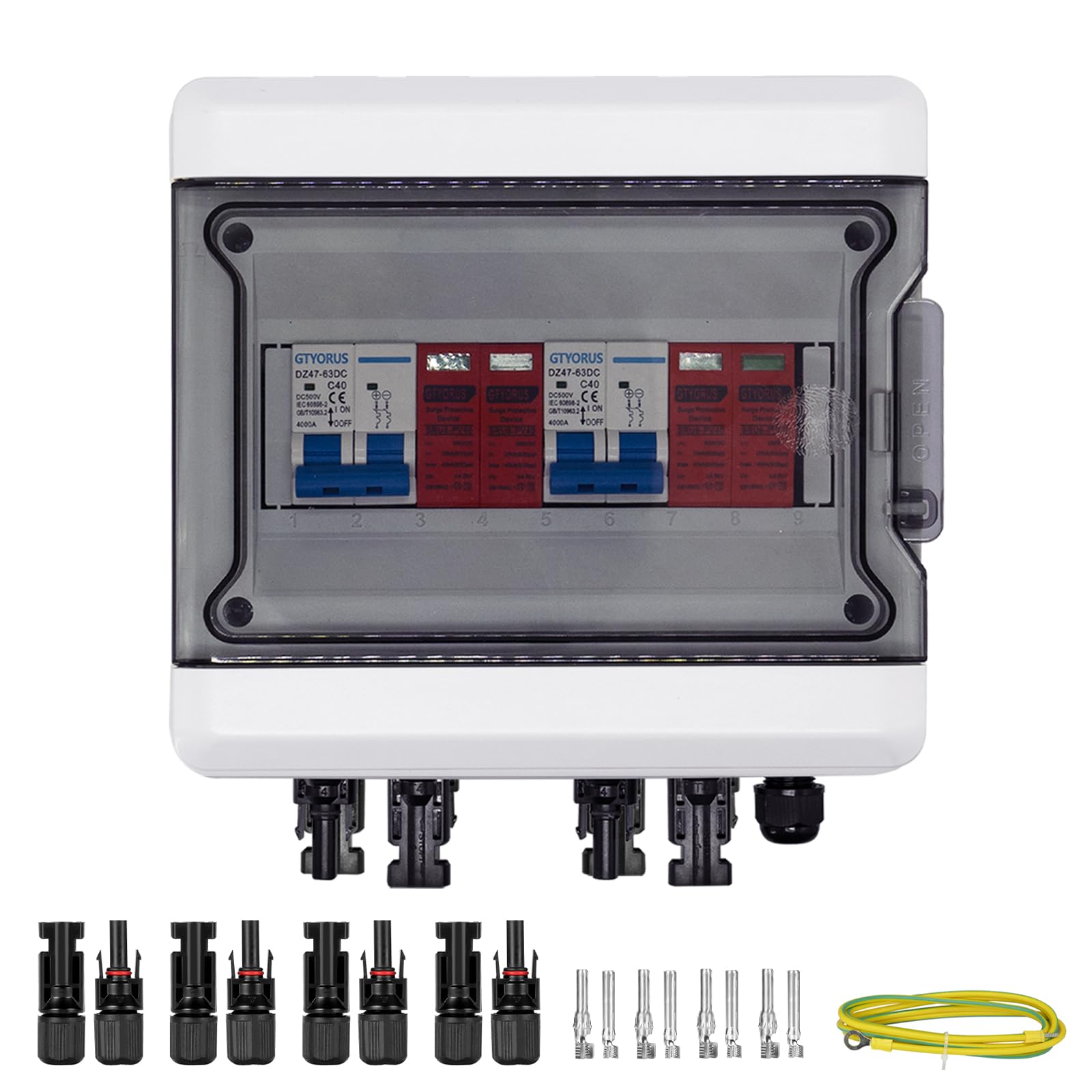 Boitier de Jonction Photovoltaïque Solaire, IP65 Protection Contre Les Surtensions DC Photovoltaïques, 2 String 500V PV DC Disjoncteur avec Fiche Solaire(2 in 2 out, 40A)