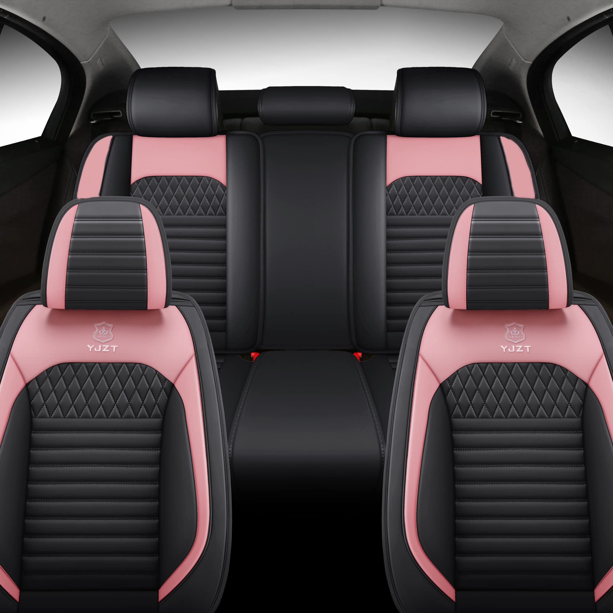 yjzt03 pink and black leather car seat covers comfortable car seat cover, 5-seater full set universal type, suitable for most cars suv pickup trucks (black&pink)