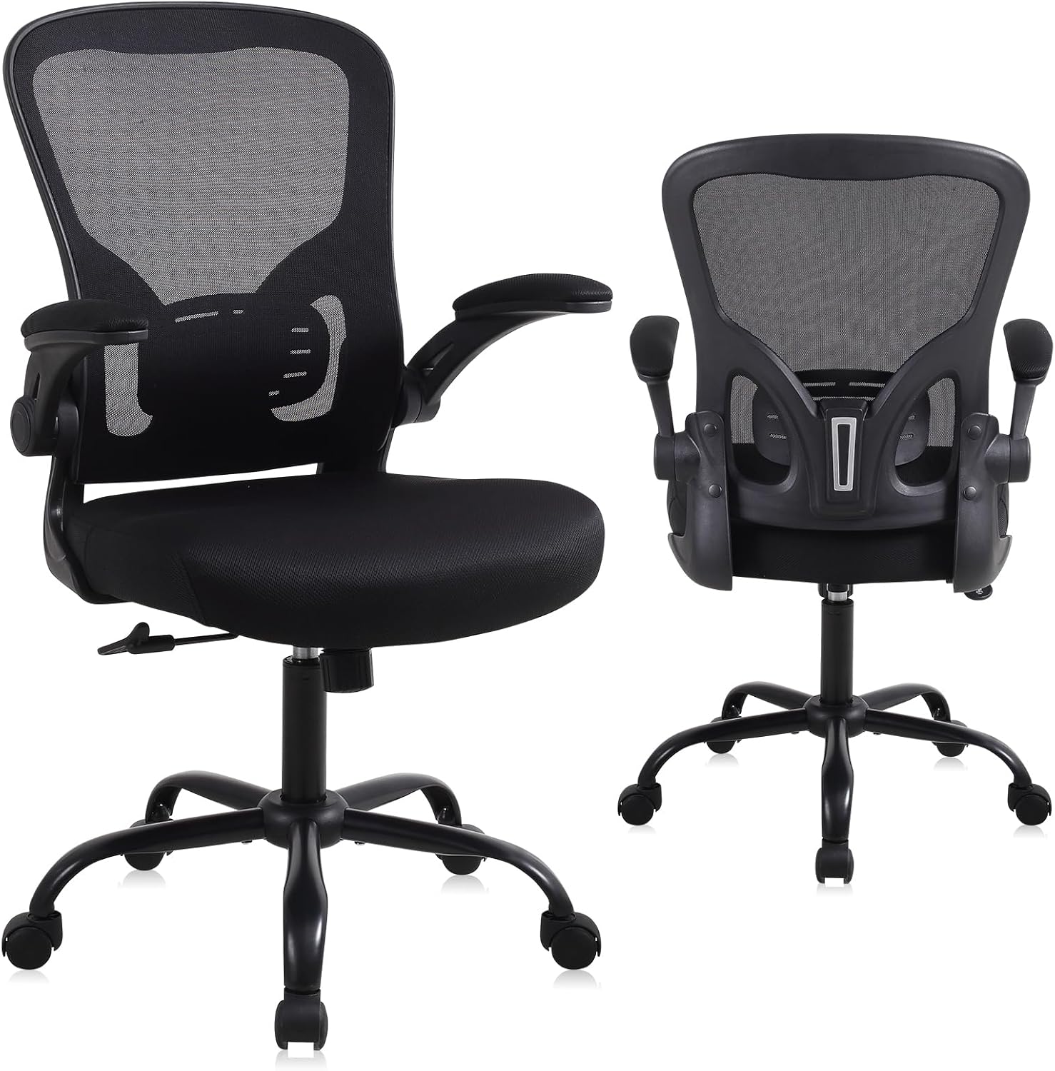 Home Office Computer Desk Chair, Adjustable Height Mesh Ergonomic Rolling Task Chair with Wheels, Thick Cushion, Flip-up Armrests, and 360-Degree Swivel, Lumbar Support, Black Upgraded