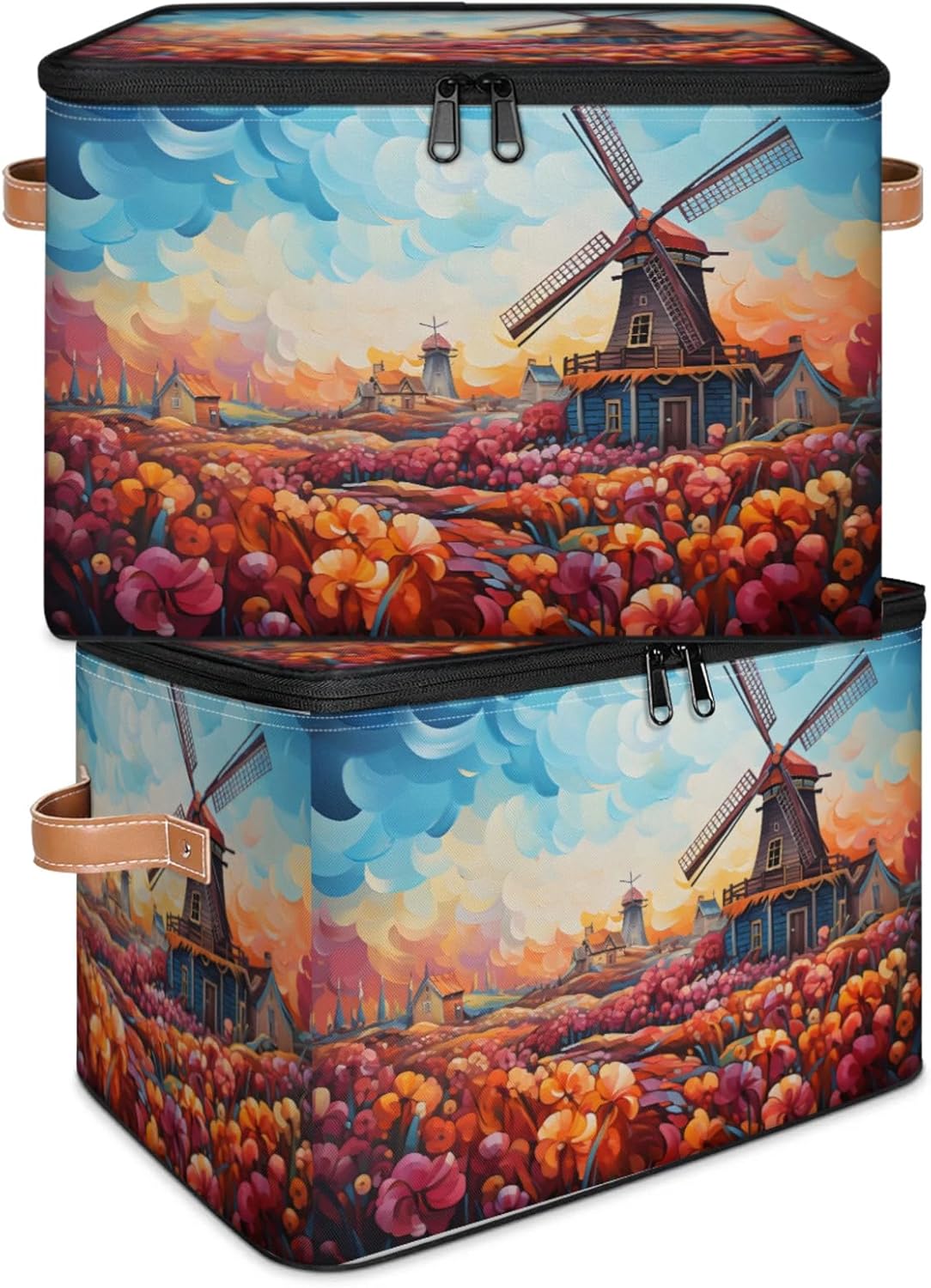 Storage Bin Set of 2 Oil Painting Windmill Storage Basket with Zipper Lid & Handle Foldable Closet Shelf 2 Pack Cloth Organizer Basket Cube Bins Clothes Organizer for Nursery, Bedroom