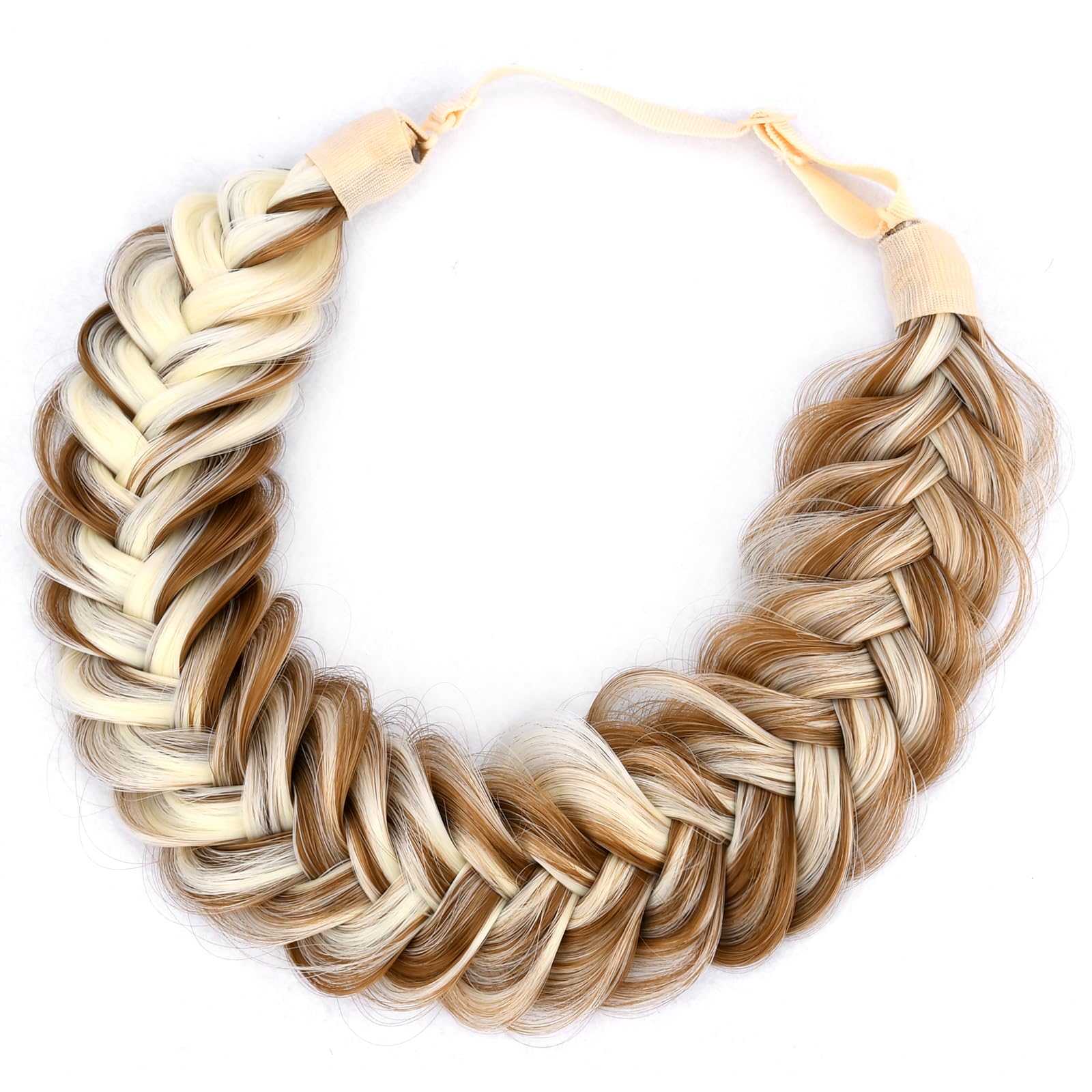 BOBIYA Messy Wide 2 Strands Synthetic Hair Braided Headband Classic Chunky Hair Braid Elastic Stretch Braid Headbands (Highlighted Medium Brown)