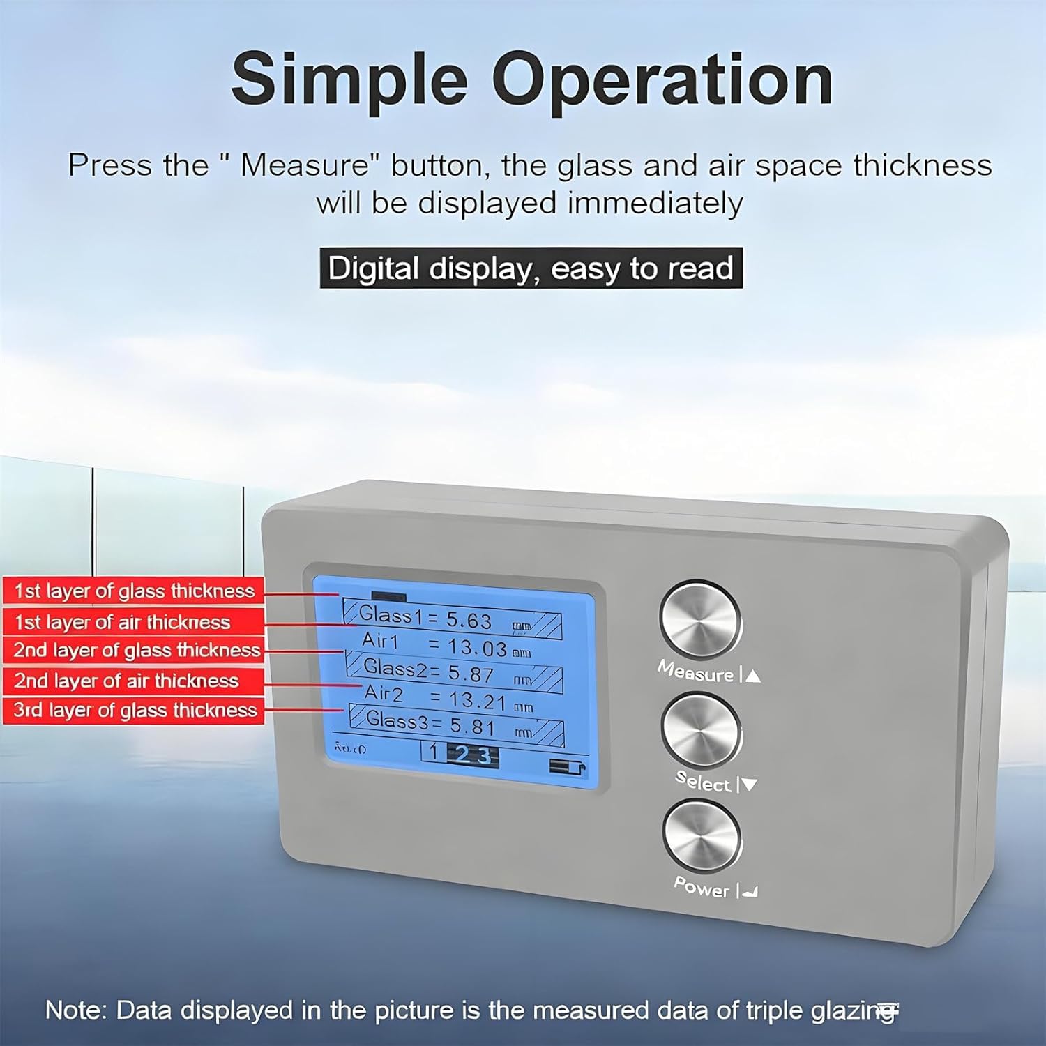 Medidor de Mano de Principio óptico para Vidrio Laminado y Aislante, Mide hasta 70 mm y Espacio de Aire, medidor de Espesor Digital, medidor de Pared Gruesa Industrial