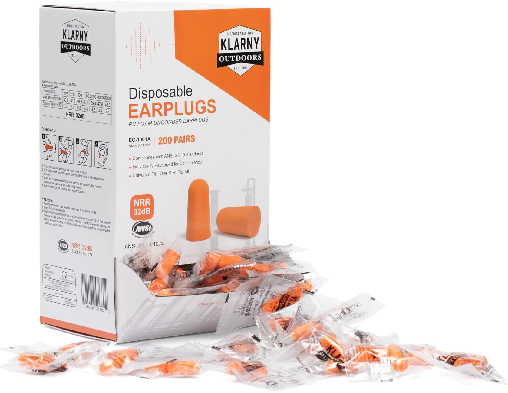 Klarny Outdoors Soft Foam Ear Plugs for Sleeping 200 Pairs of 32dB Ear Plugs for