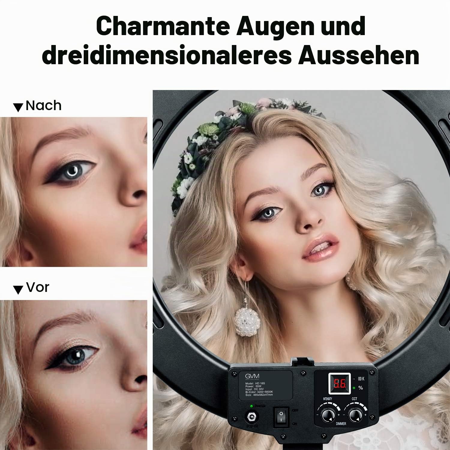 GVM 18" LED Ring Lampe mit Stativ, dimmbar, 3200K - 5600K, für Vlog Vlog Portraitfotografie mit LED Ring