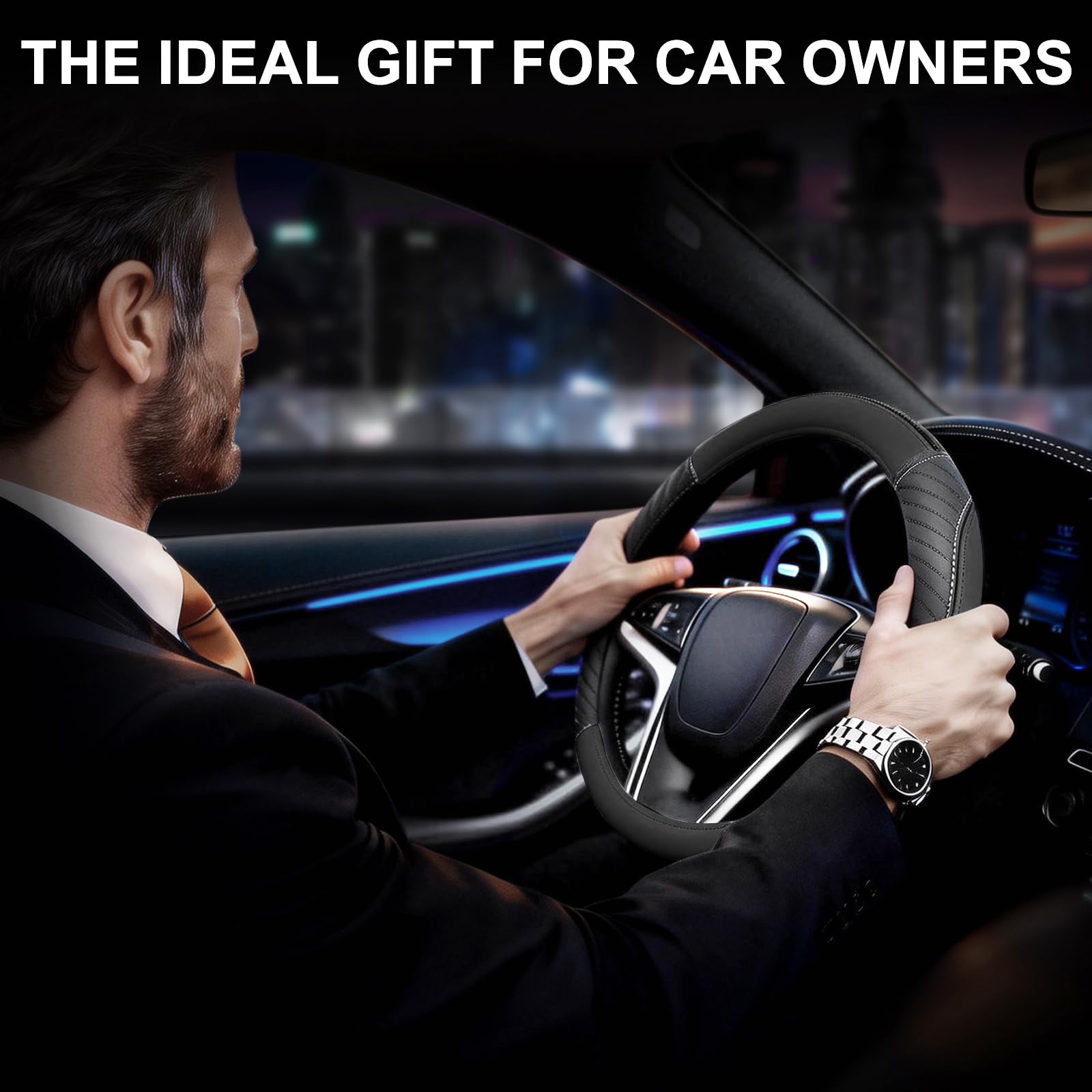 Car Steering Wheel Cover Leather - Soft Microfiber Steering Wheel Cover Universal Size M 37-38cm /14.5-15inch, Anti-slip, Breathable, Black — view 6