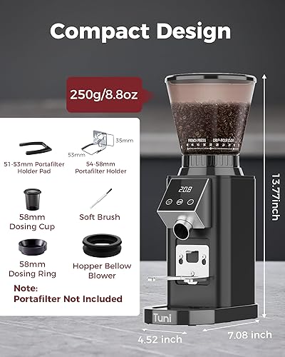 Miniatura 6 de Tuni G1 Conical Burr Coffee Grinder, 48 Grind Settings Anti-static Burr Mill, Precision Electronic Timer and LED Touchscreen for Espresso/Drip/Cold