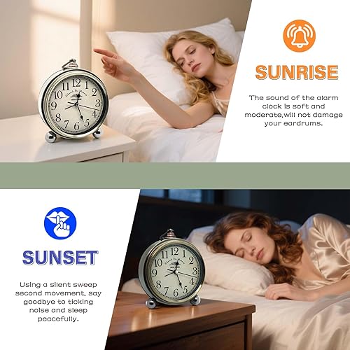 Miniatura 6 de Reloj despertador de escritorio retro vintage de metal de 5 pulgadas, reloj analógico silencioso de mesa analógico, funciona con pilas, para mesita