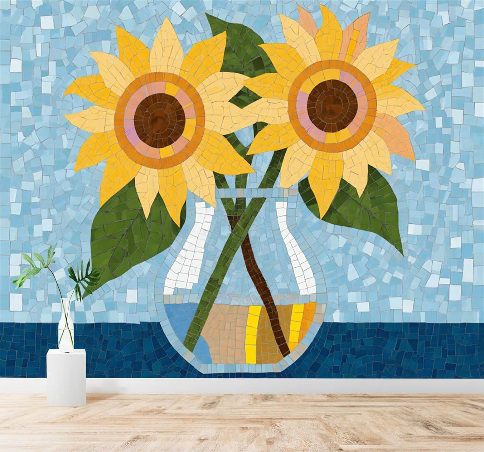 Xlming 400Cm×280Cm(B×H) Abstract Blue Vase Sunflowers Mosaic Style Unique 3D Wallpaper Premium Textured Silk Study Dining Living Room Bedroom Sofa Tv Wall Easy Install-400Cm×280Cm