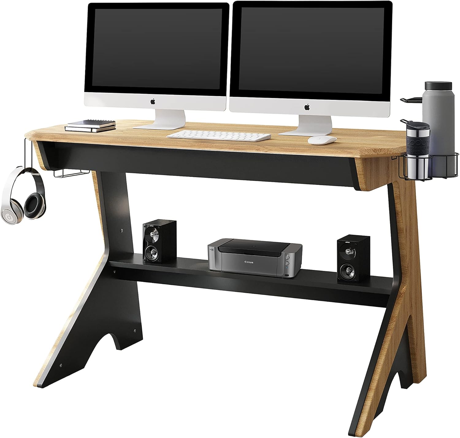 Techni Mobili Home Office Computer Writing Desk Workstation with Two Cupholders and a Headphone Hook- Pine