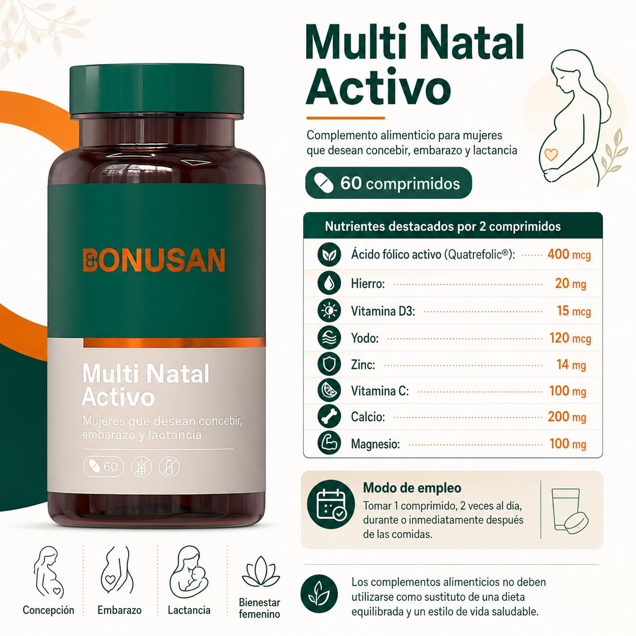 Bonusan Multi Natal Activo 60 Cápsulas - Multivitamínico para Embarazo y Lactancia con Ácido Fólico Activo, Hierro y Vitamina D3 y B12 - Reduce el Cansancio y Apoya el Desarrollo Fetal