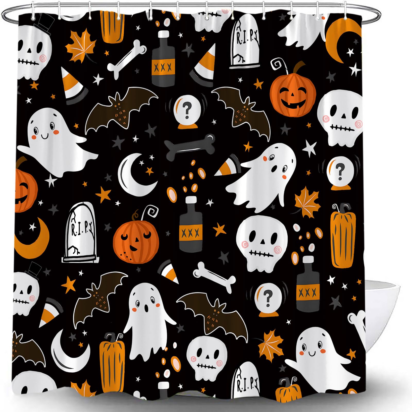 LAEDCIITI Spooky Halloween Shower Curtain Pumpkin Bat Witch Skull Boho Ghotic Alchemy Magic Scary Funny Cute Cartoon Icons Holiday Happy Halloween Party Fabric Bath Curtain set with Hook，Black