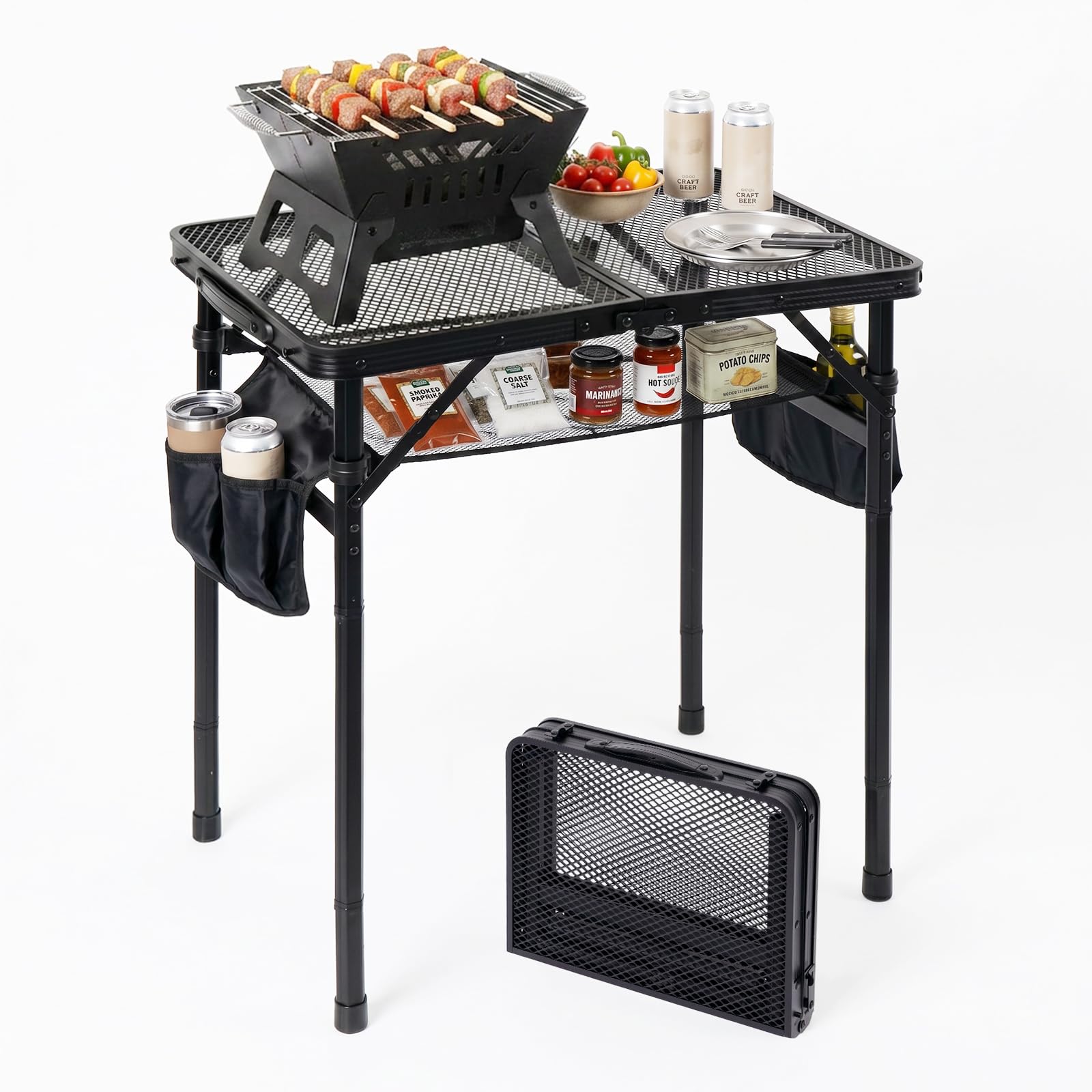 Campingtisch Klappbarer 60×40cm 3-Fach Höhenverstellbarer Grilltisch mit Metallgitter-Tischplatte und 2 Seitentaschen Faltbarer Gartentisch Klapptisch für Outdoor Garten Camping Picknick