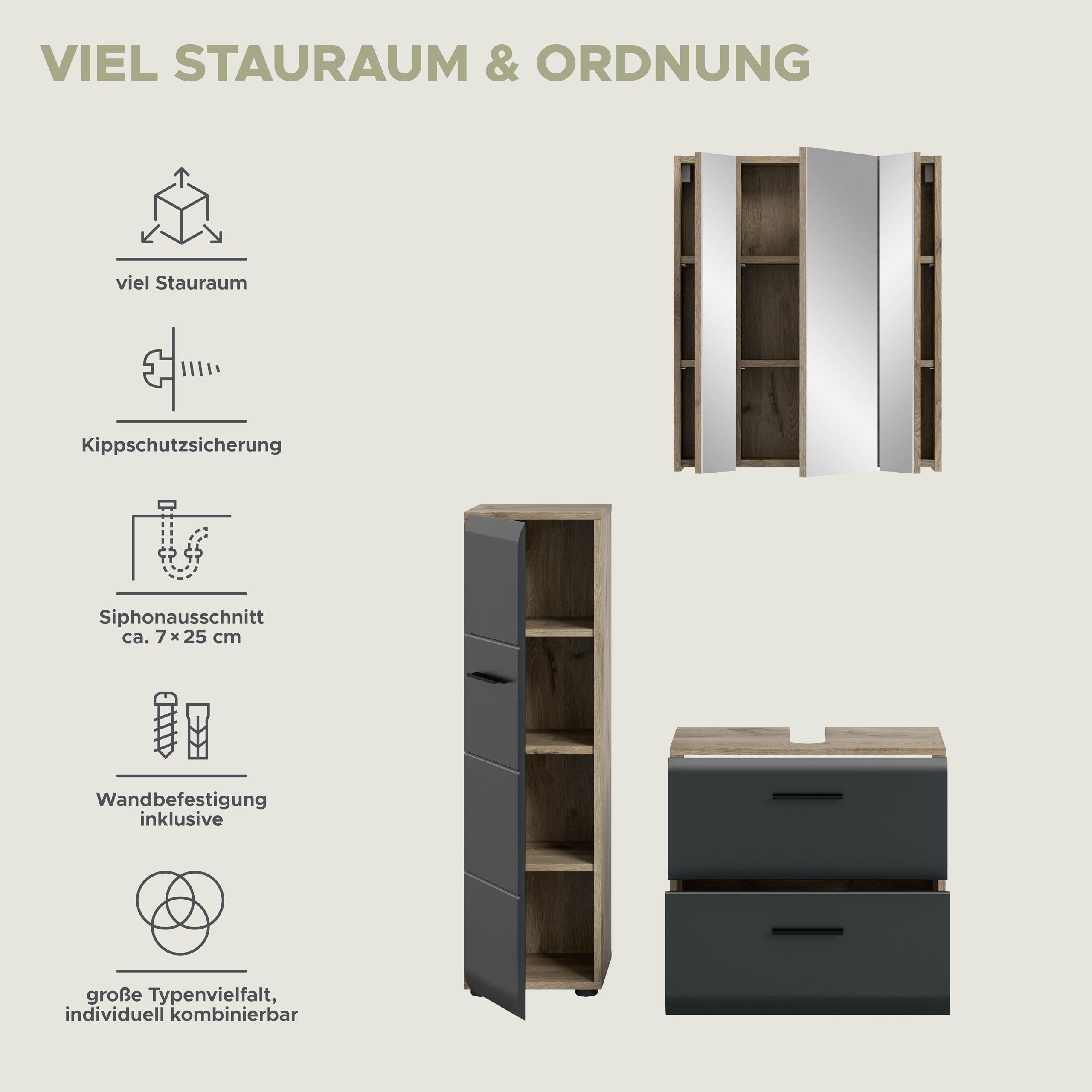 xonox.home – 3 TLG. Badezimmerkombination Ice 105x185x30 cm in Korpus Nox Oak Nachbildung und Front schwarz matt – Hochwertige Badmöbel-Kombi – modern – Bild 9