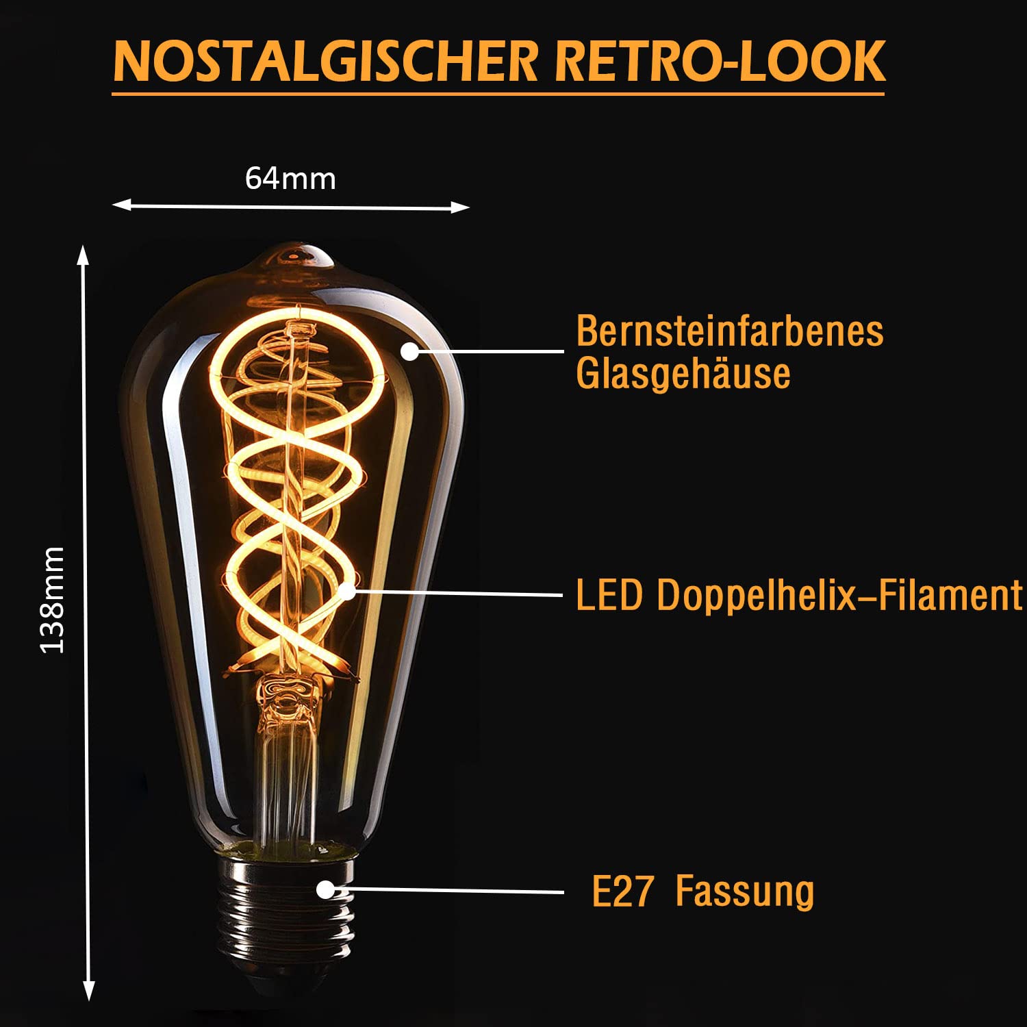 Edison LED Vintage Glühbirne, Dimmbar Glühbirne E27 4W LED Warmweiss, Vintage Edison Dimmbar lampe E27 Ideal für Nostalgie und Retro Beleuchtung - Bernstein - 6 Stück（ST64 HPS）