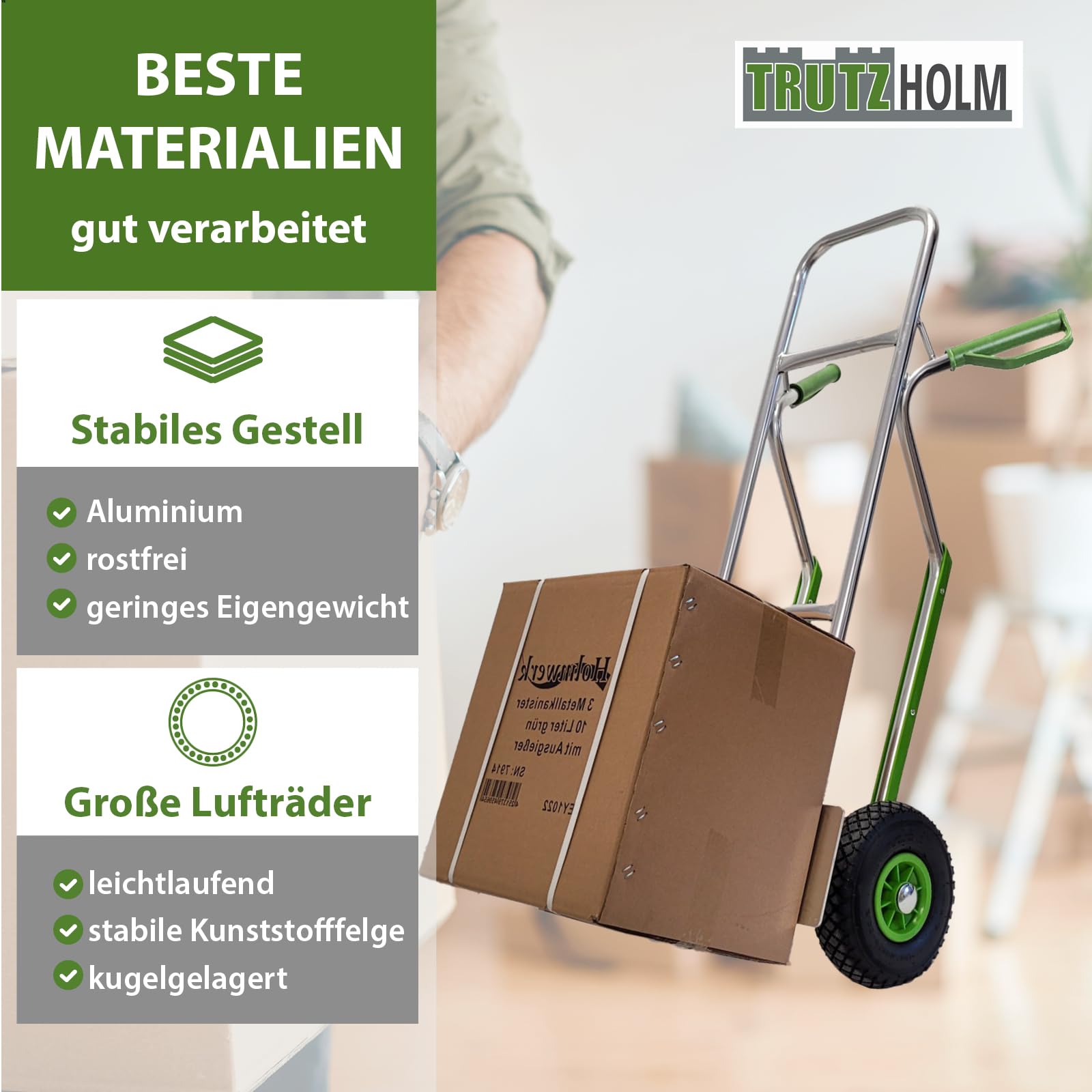 TRUTZHOLM Aluminium Sackkarre mit Treppenrutsche 200 kg Stapelkarre Transportkarre Treppensteiger Alu Klappbare Ladefläche Sicherheitsgriffe (200kg | Lufträder)