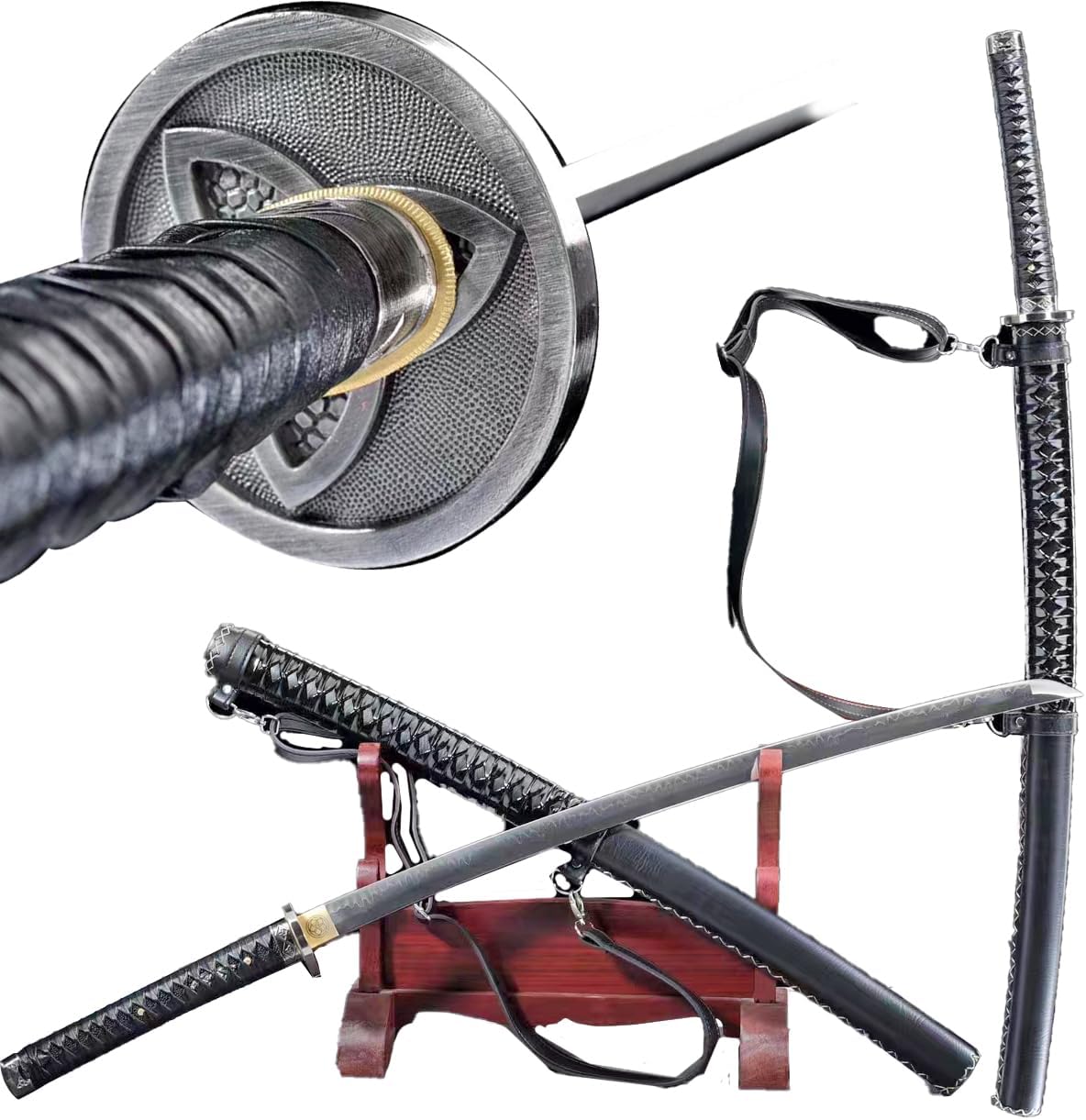 Full Tang T10 high Carbon Steel Burnt Blade Japanese Katana, Scabbard with Shoulder Strap