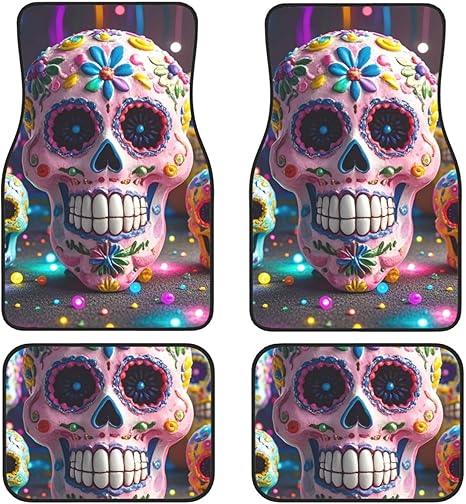 Car Floor Mats 4 Piece Universal Car Floor Mats All-Weather Car Mat Set Sugar Skulls Rubber Floor Mats Non-Slip Waterproof Car Foot Pad Automotive Protection Interior Floor Mats for Most Vehicles