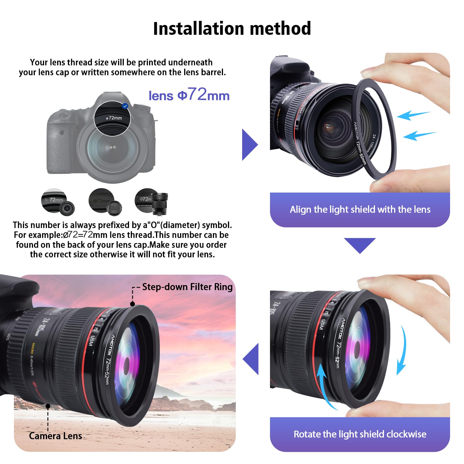 72mm Lens to 52mm Camera Lens Adapter,72mm to 52mm Filter Step-Down Ring Adapter Ring,Compatible All 52mm Filter Accessory — view 5