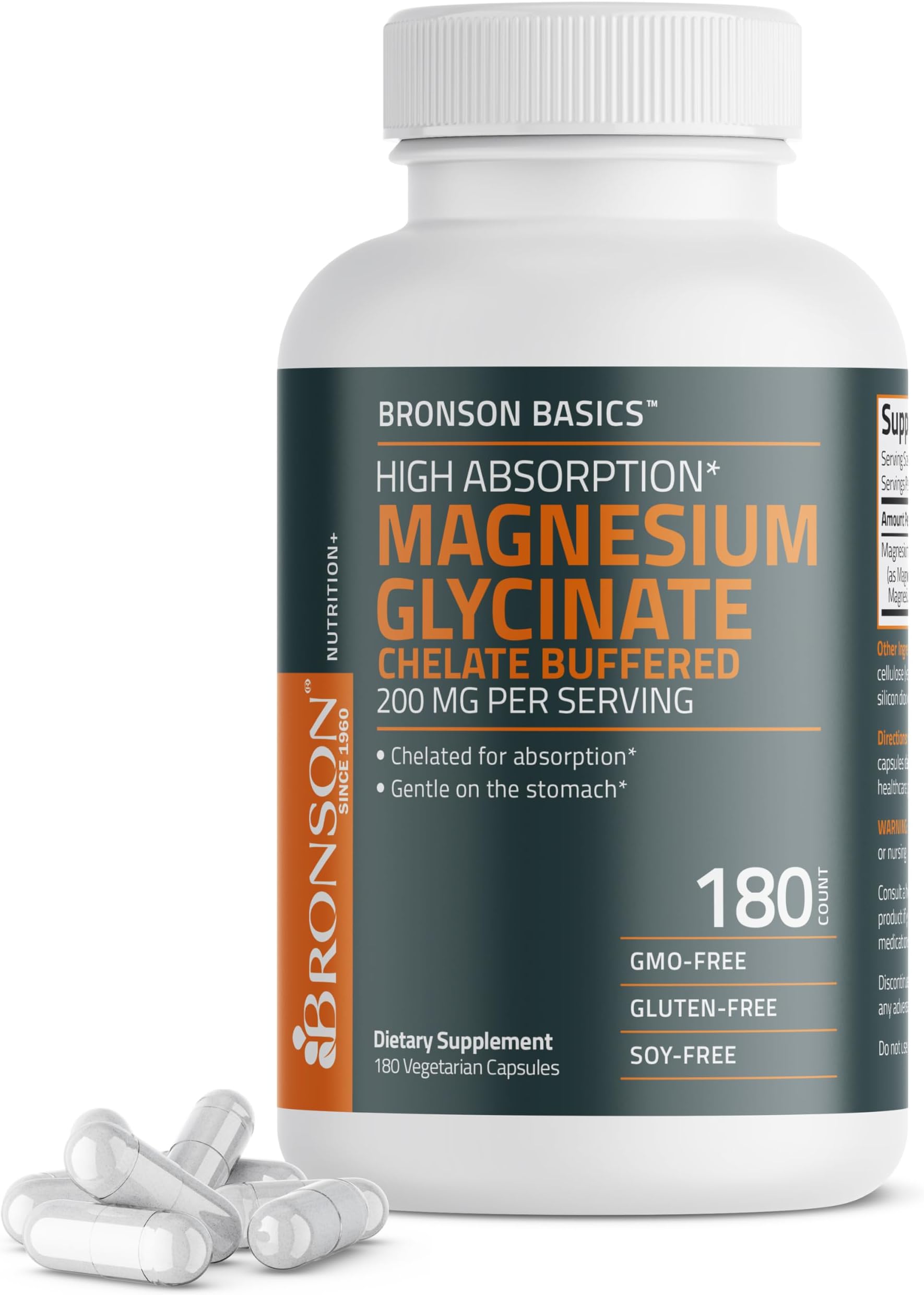 Magnesium Glycinate 200mg High Absorption Chelated Buffered Gentle On The Stomach Non-GMO, 180 Vegetarian Capsules