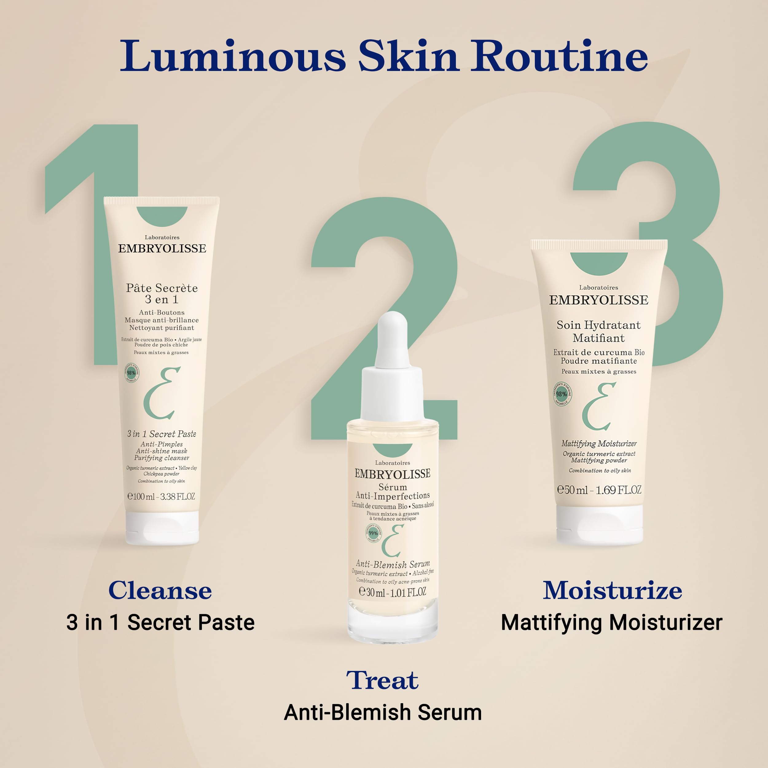 Embryolisse 3 in 1 Anti-pimples & Acne Treatment - Multipurpose Clay Mask to Control and Clear Breakouts - For Oily to Combination Skin, Paraben Free, Oil Free & Non-Comedogenic, 3.38 Fl Oz