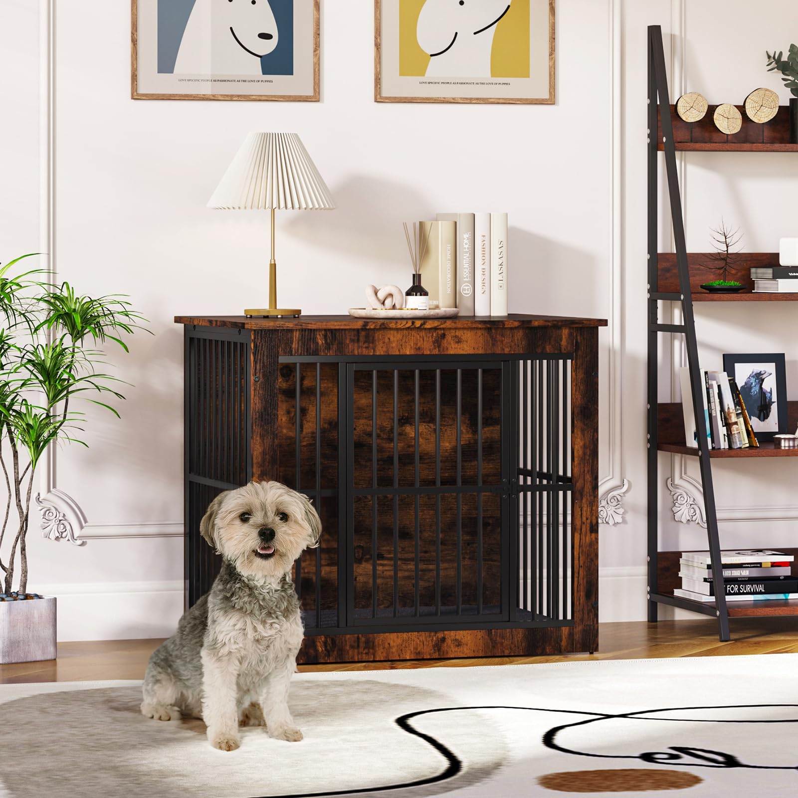 Hello-5ive Grande gabbia per cani mobile, gabbia per cani in legno con doppie porte, resistente cuccia per cani da interno con tappetino in peluche per cani di piccola e media, tavolino, 80,5 x 59 x