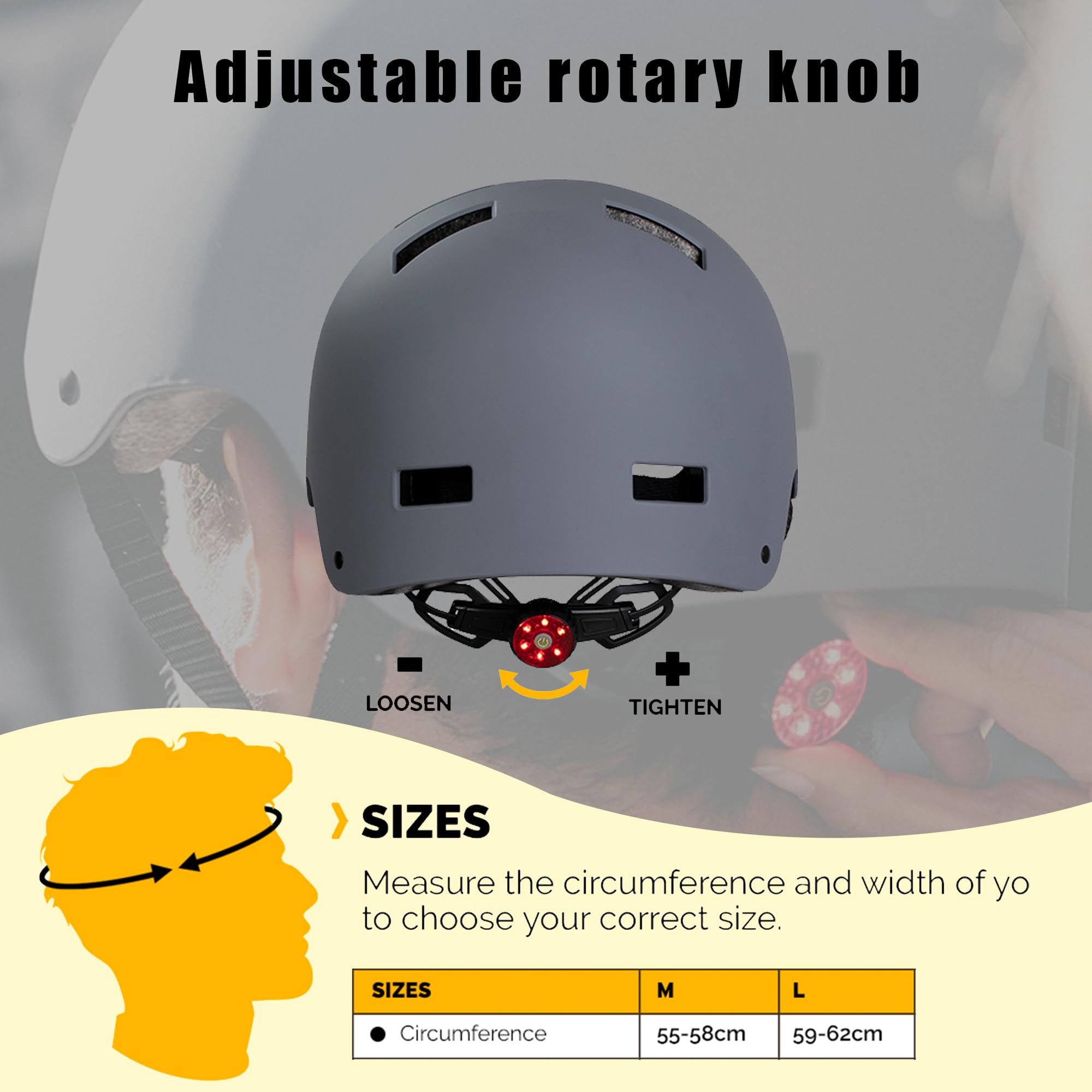 PANK Casque de vélo avec la lumière Casque Trottinette Certifié CE Casque trotinette Electrique pour Homme Femme Adultes, Noir Mat et Gris, M (55-58 cm) & L (59-62 cm)