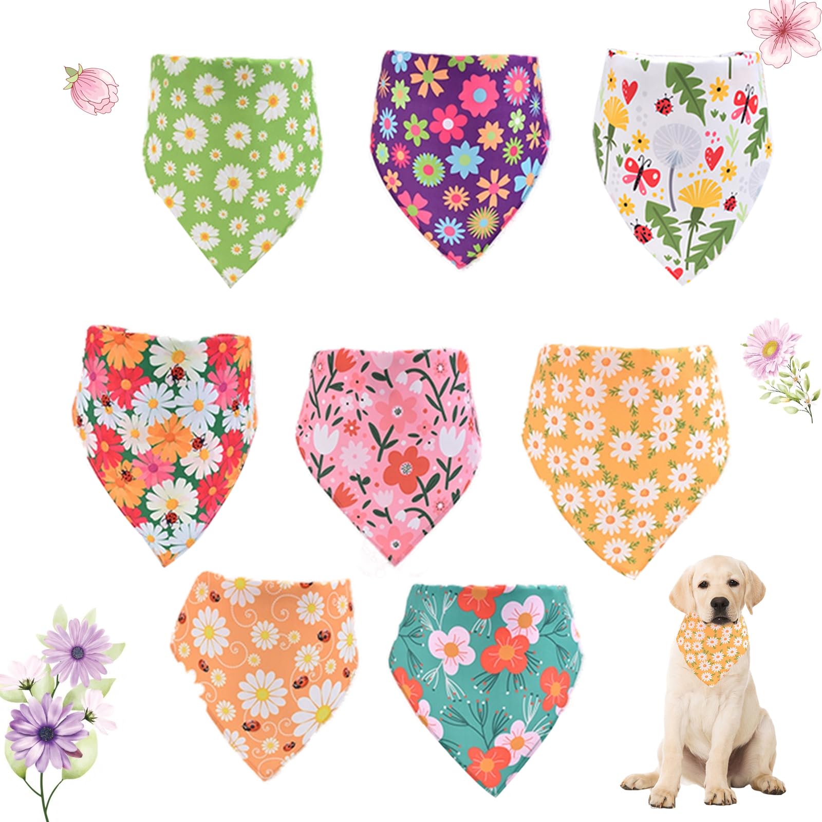 8 Unidades Bandanas Florales para Perros,Mascota Pañuelo Peto Triángulo Daisy,Pañuelo Lavable y Ajustable,Bufanda Triangular de algodón para Perros pequeños medianos y gatos
