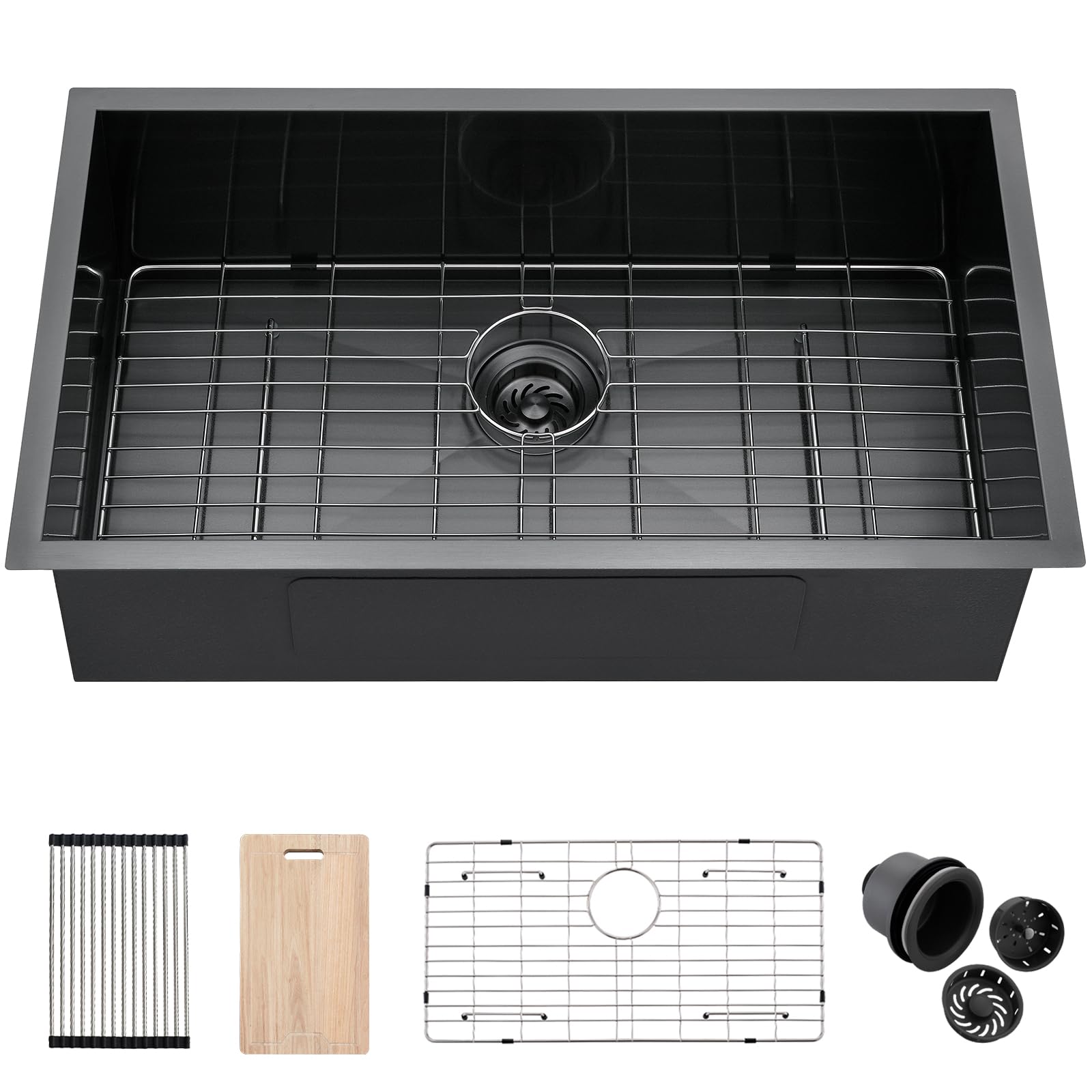 Évier de cuisine anti-rayures noir inox calibre 16 grand format 81 cm pour éviter les éclaboussures