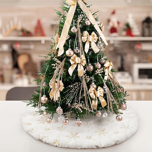 Miniatura 20 de Falda de Árbol de Navidad de Felpa Blanca de 30 pulgadas Falda de Árbol de Navidad de Piel Blanca Nieve con Lentejuelas Plateadas Copo de Nieve