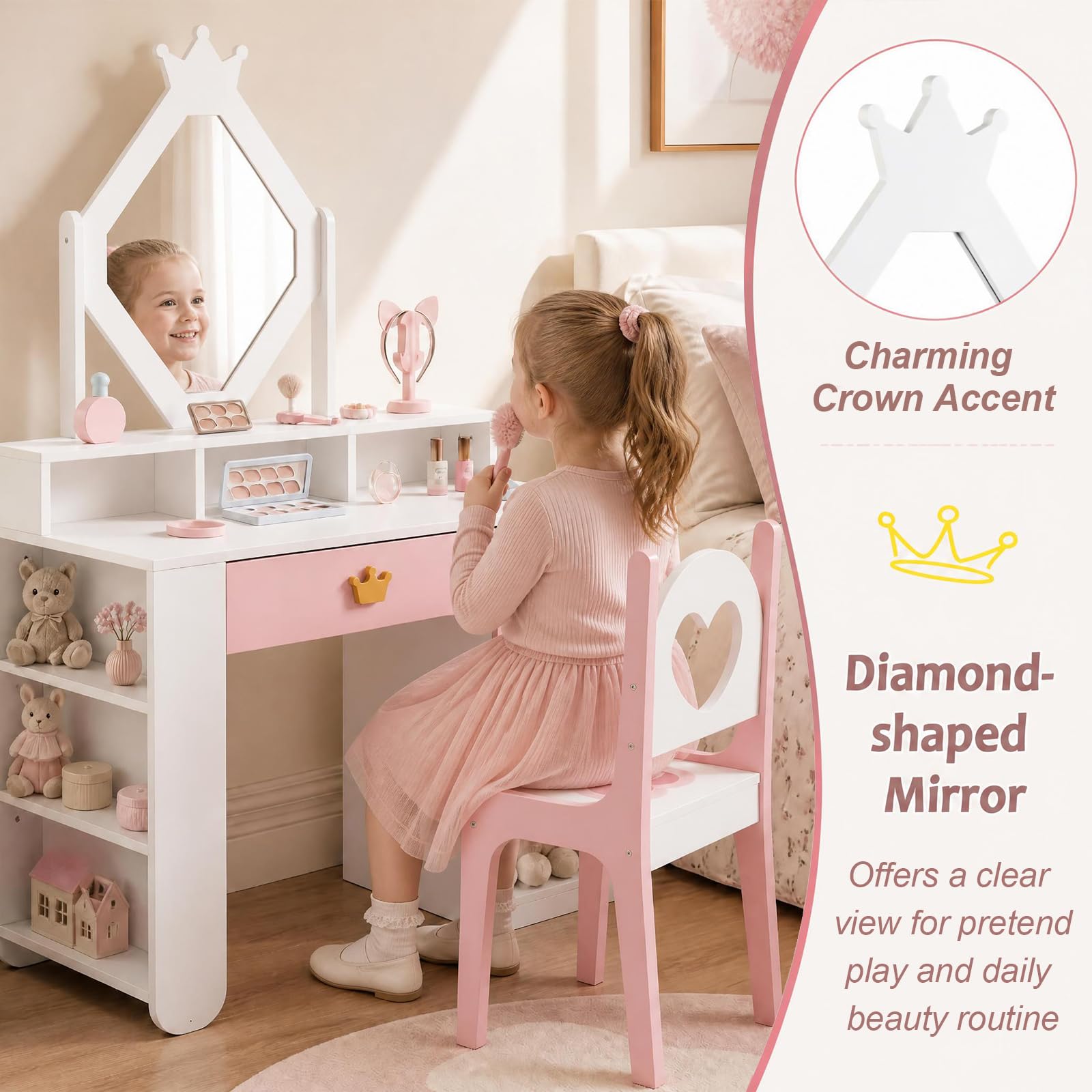 LIFEZEAL Toeletta per Bambina con Sedia, Specchio a Motivo di Corona