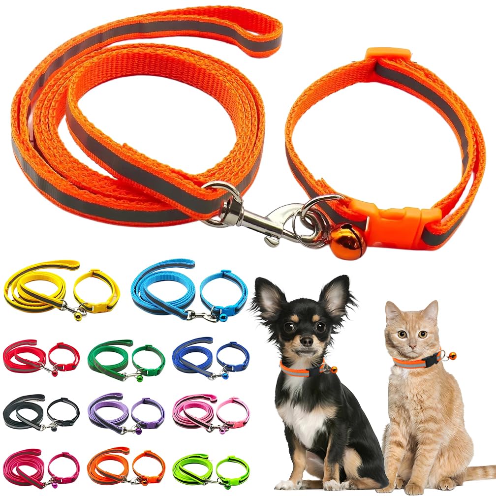 Collar para perros pequeños y correa de nailon reflectante naranja con campana para gatos XXS
