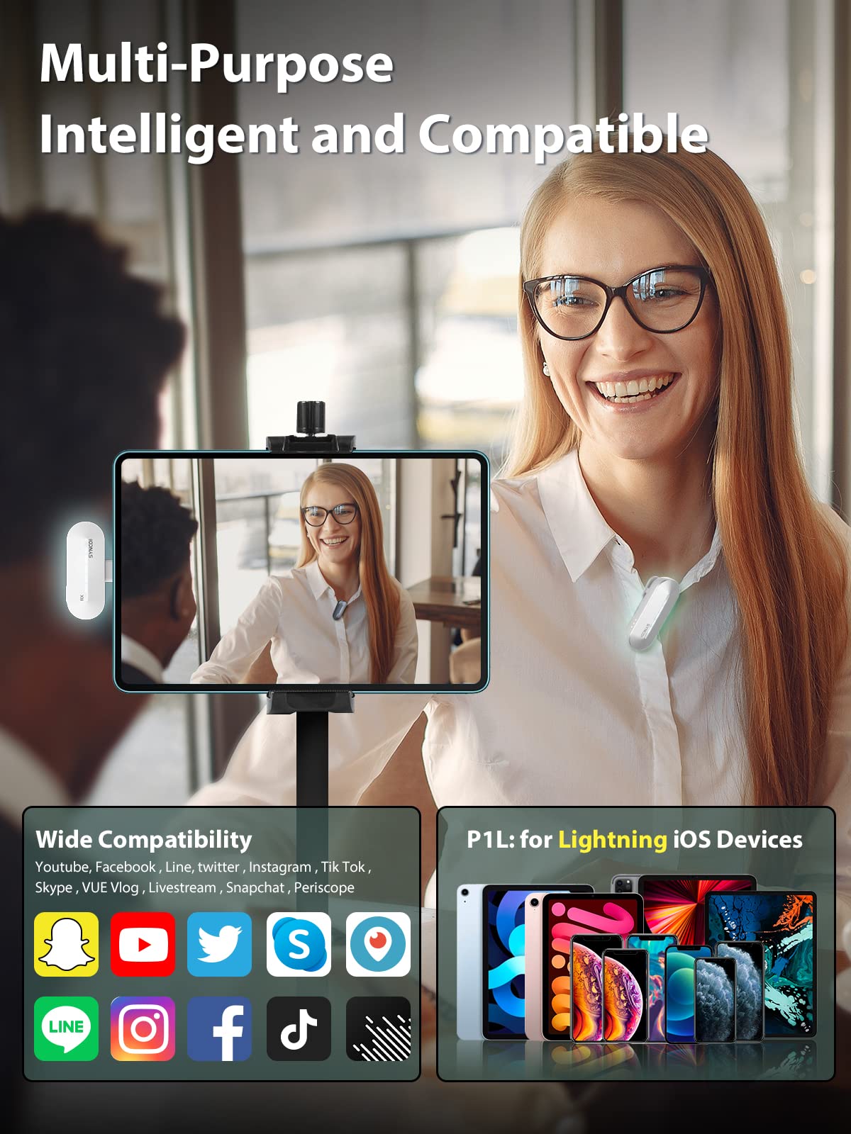 SYNCO P1L 【Certificazione MFi】 di Microfono Lavalier Wireless 2.4Ghz, Custodia di Ricarica Senza Fili per il iphone ipad Vlog Youtube Interviste, Microfono-Lavalier-Wireless-iphone-telefoni cellulari