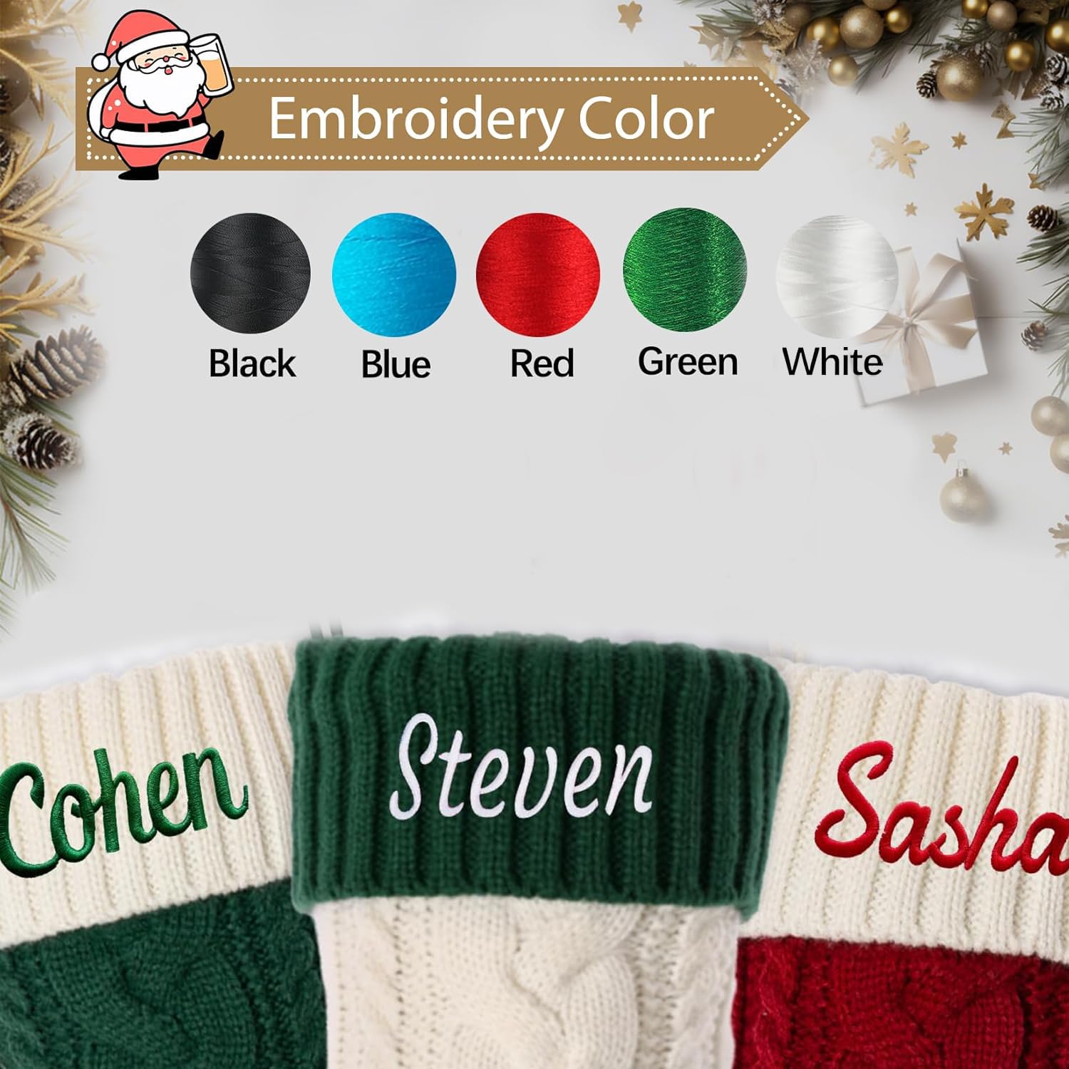 5 calcetines de Navidad personalizados con cinta de luz de Navidad, calcetines de Navidad con nombre bordado personalizado, calcetines de Navidad de 18 pulgadas grandes para colgar para niños