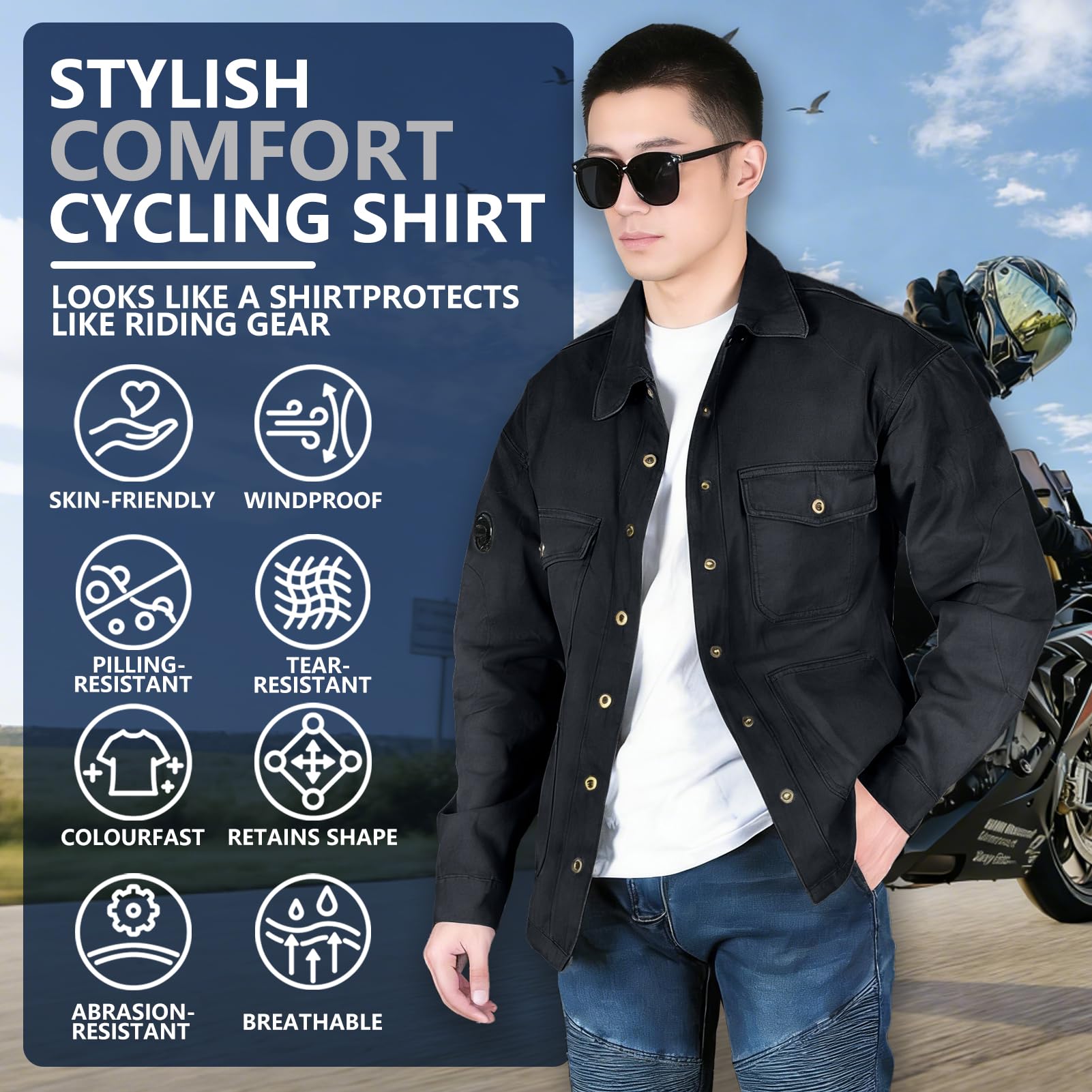 Camicia Moto Uomo, Maglia Moto Uomo Bici Rinforzata, Giubbotto Moto Uomo Estivo Armatura Removibile, Camicia Moto con Protezioni