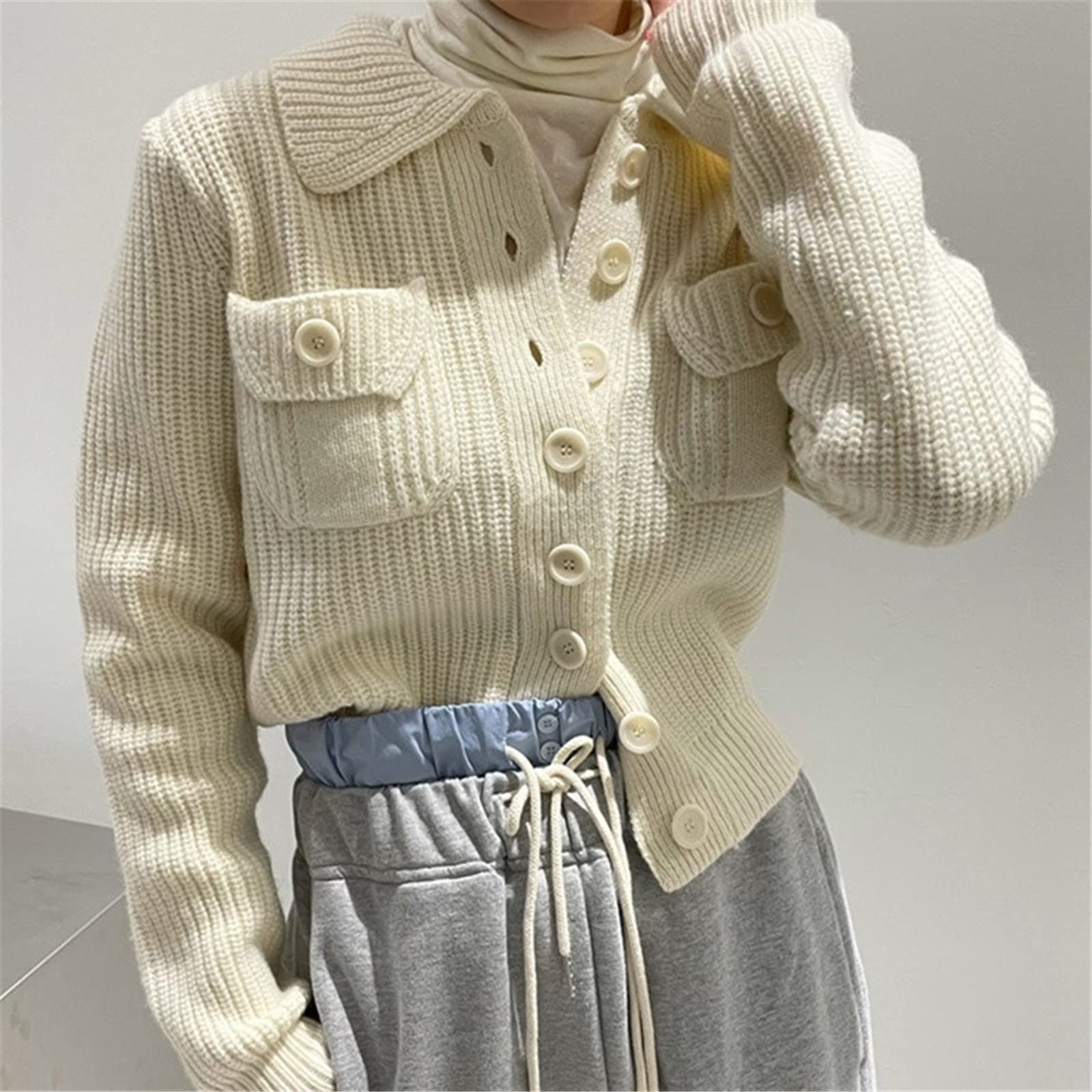 Otoño Invierno De Punto Cardigan Chic Doble Bolsillos Suéter Abrigo Slim Cintura Elegante Chaqueta De Punto, azul, Talla única
