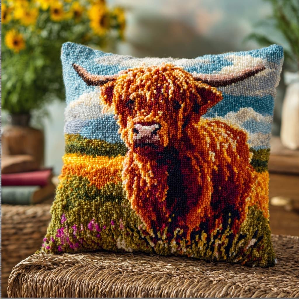 Taxpy Latch Hook Kits for Adults Beginners,Highland Cattle Pre-Printed Latch Hook Pillow Kit,Craft Rug Making Kits,DIY Embroidery Cushion for Home Sofa Decor & Gift Idea 17X17 in.
