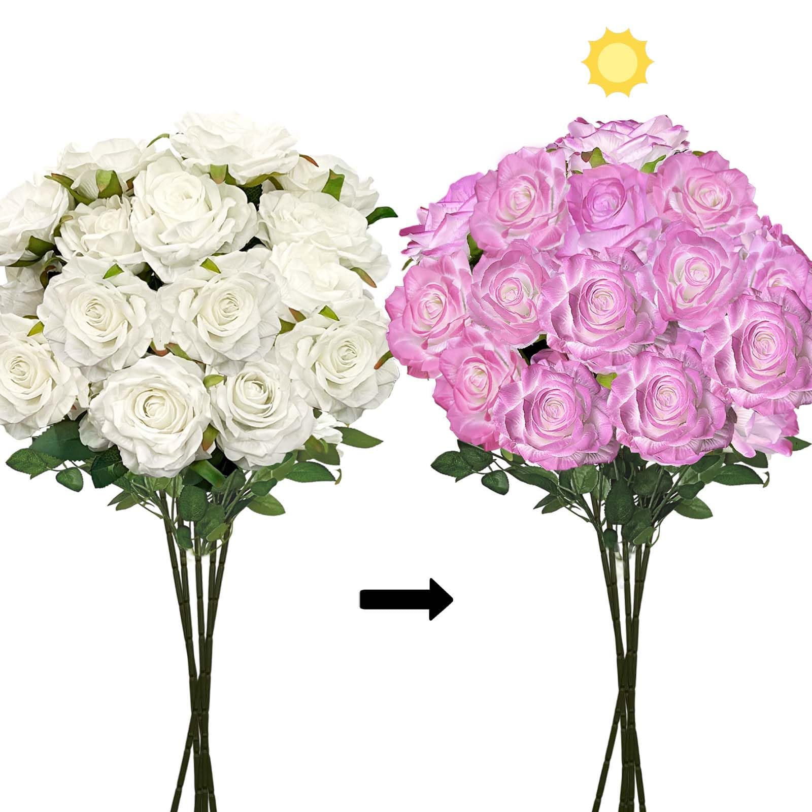 SNAIL GARDEN Colour-Changing Artificial Roses Bouquet-5 Pcs 15 Blooms Real Touch Flowers with Sunlight-Activated Transformation,Fake Rose with Long Stem for Home Wedding Decor (65cm,White to Purple)