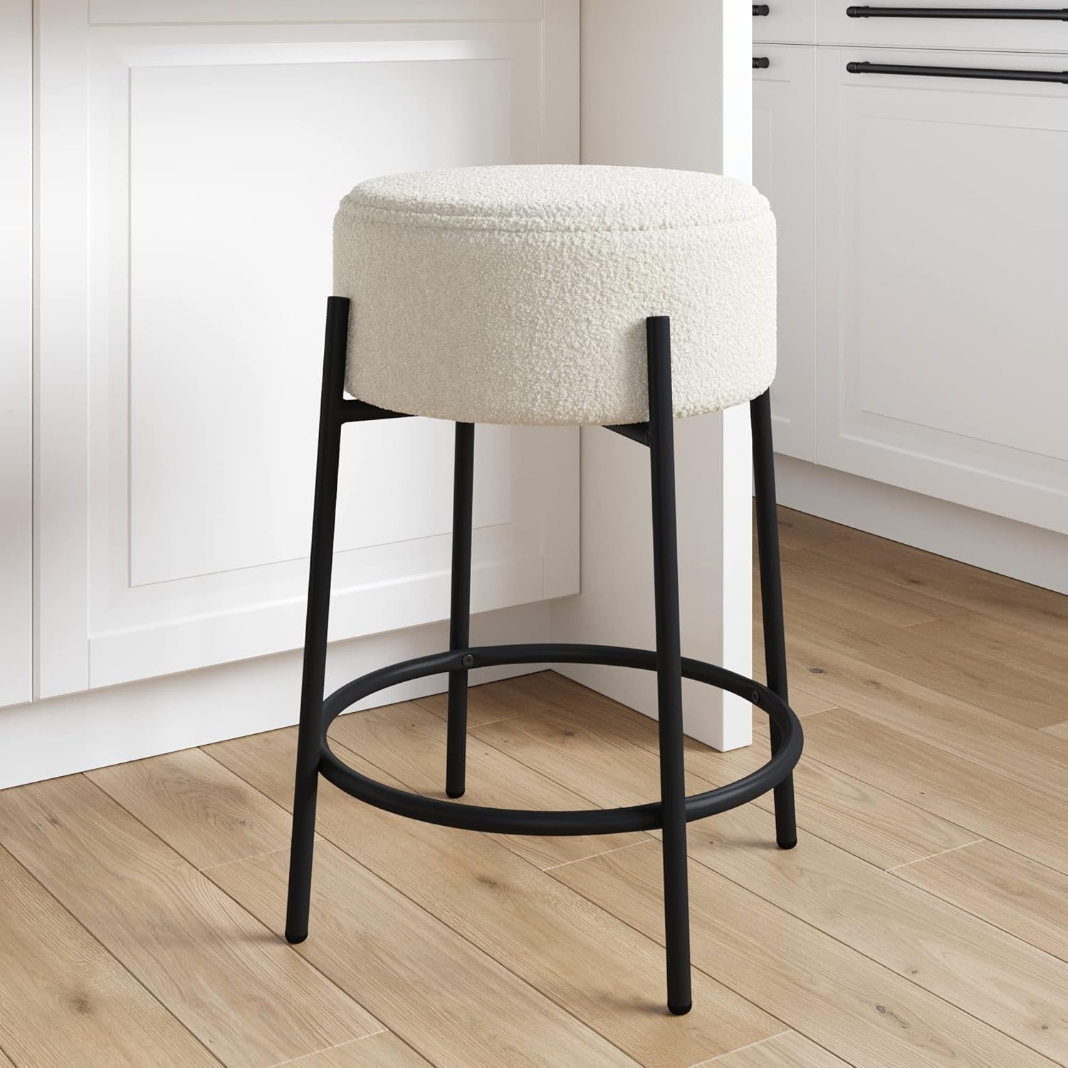 OGFC 26802 Modern Backless Bar Stool 24" with Round Soft Padded Boucle Seat and Metal Mid-Century Base, Boucle White/Black-image-17