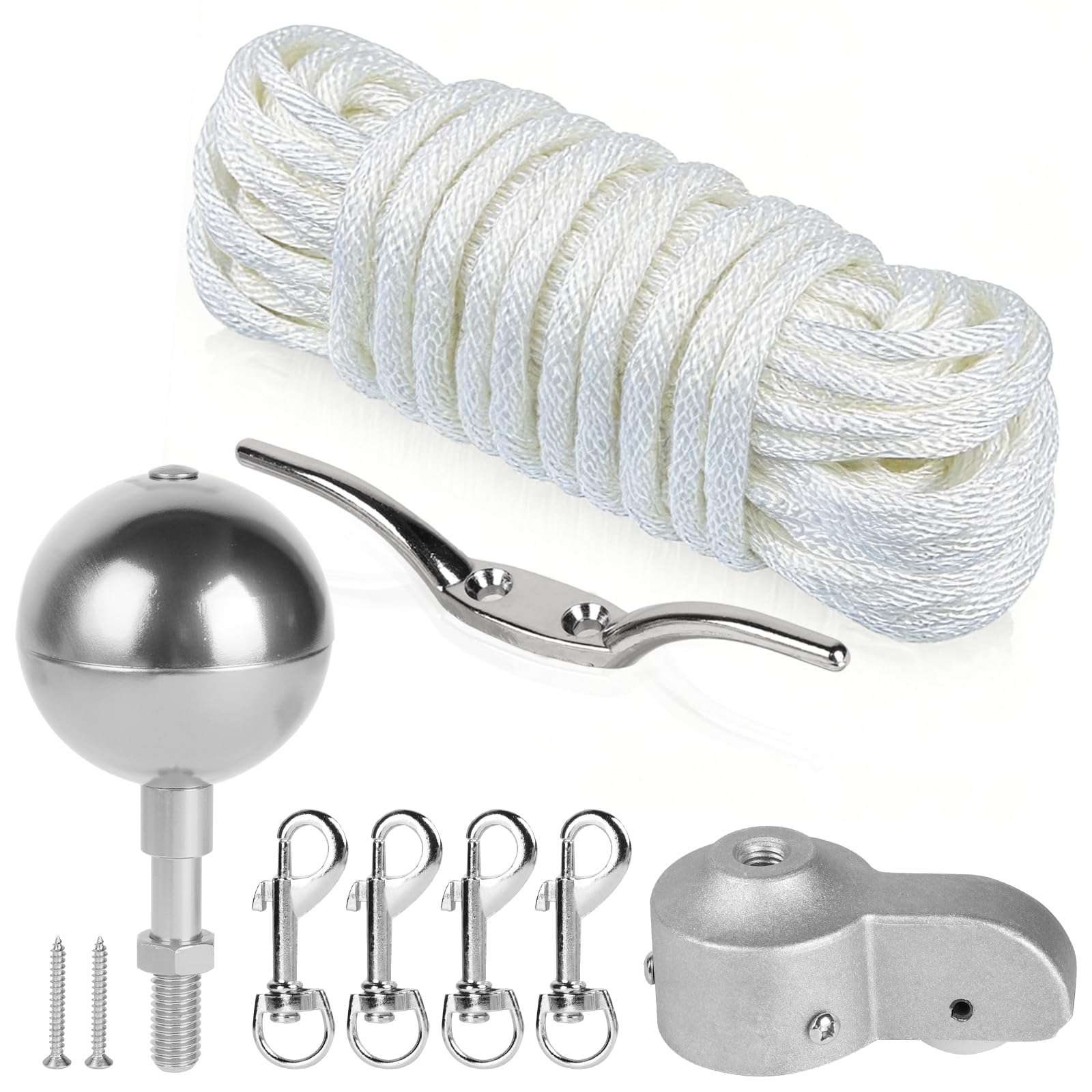DBREAKS Fahnenmast Zubehör Set für Ø 5,1 cm Mastspitzen, Fahnenmast Reparaturset inkl.Kugel, 15m Seil, 4 Karabiner, Klampe, Topper mit Seilrolle, für Gartendekoration Heimgebrauch Außenbereich, Silver